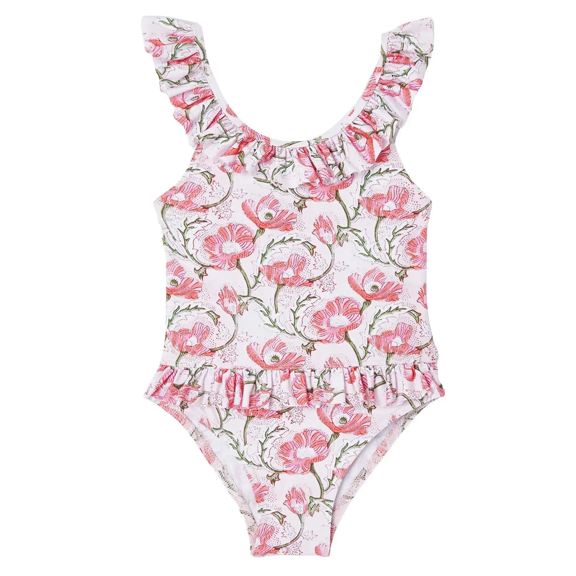 Pink floral one-piece baby girl swimsuit with ruffles, Lison Paris anti-UV swimwear