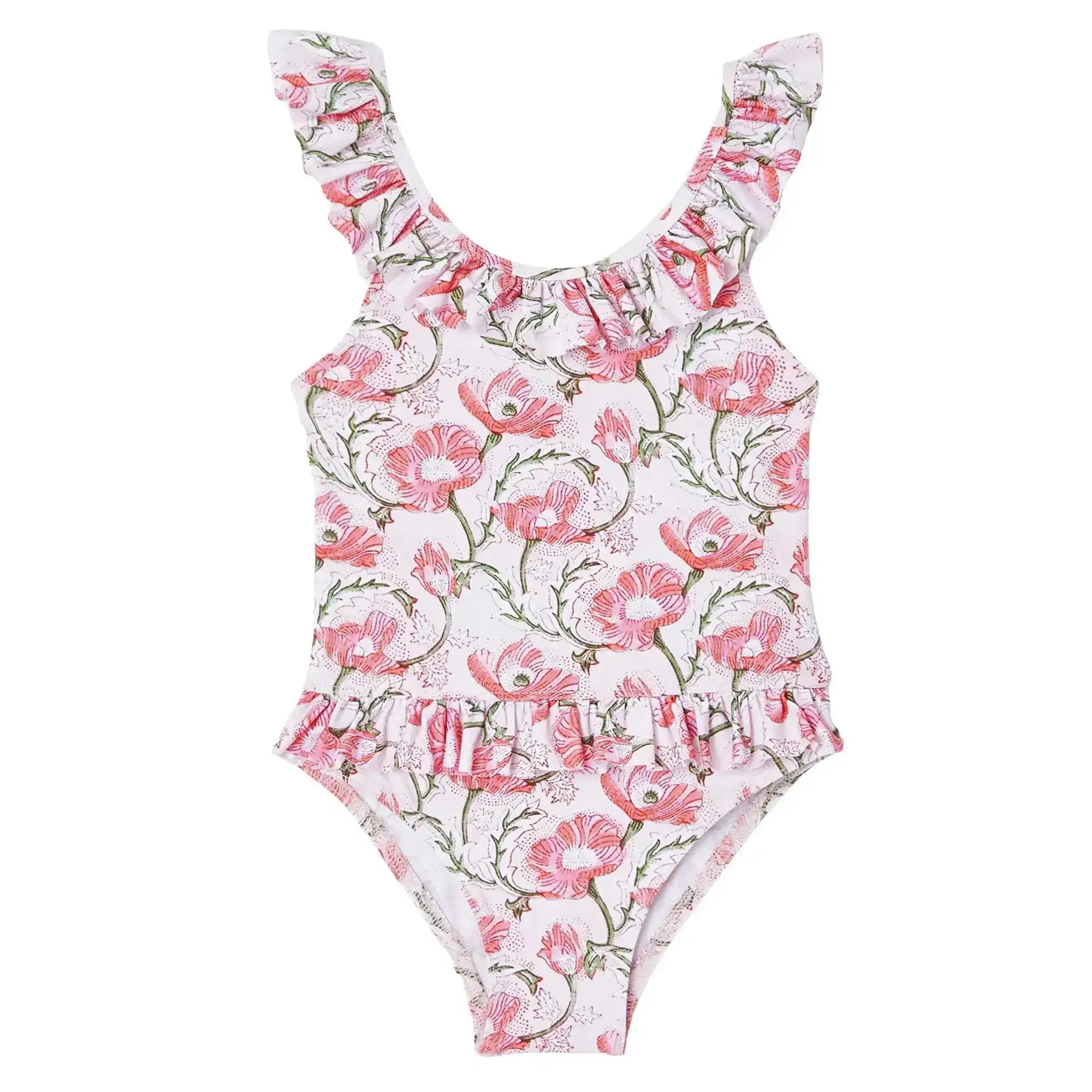 Pink floral one-piece baby girl swimsuit with ruffle details on straps and waist