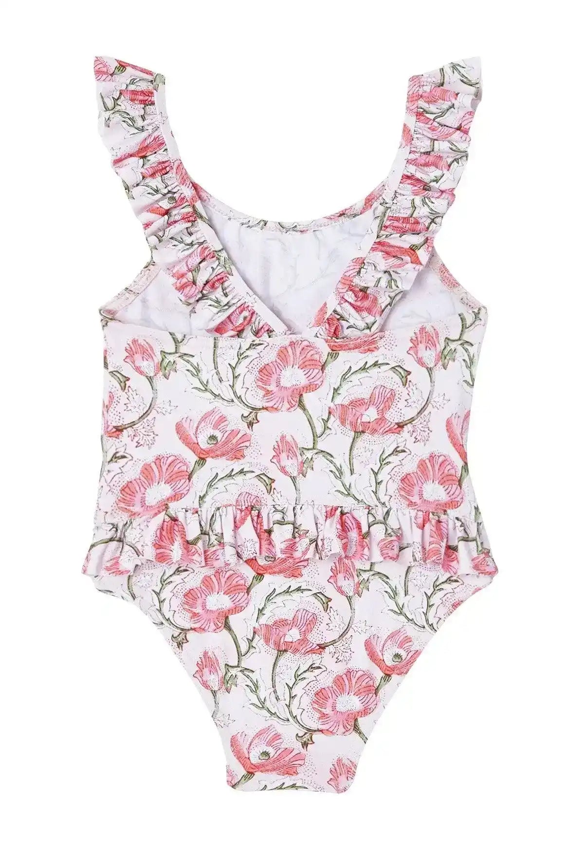 Pink floral one-piece baby girl swimsuit with ruffle straps and waist on white background