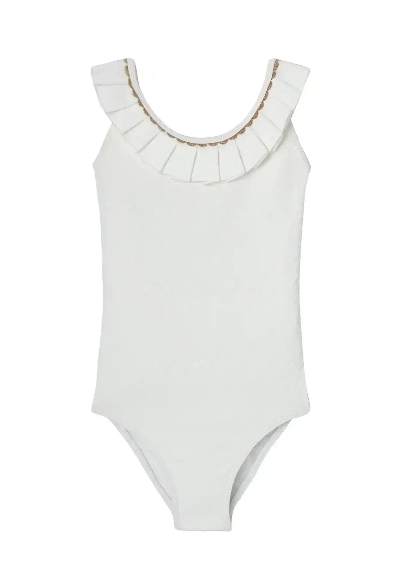 White one-piece girls swimsuit with pleated ruffle neckline and gold trim
