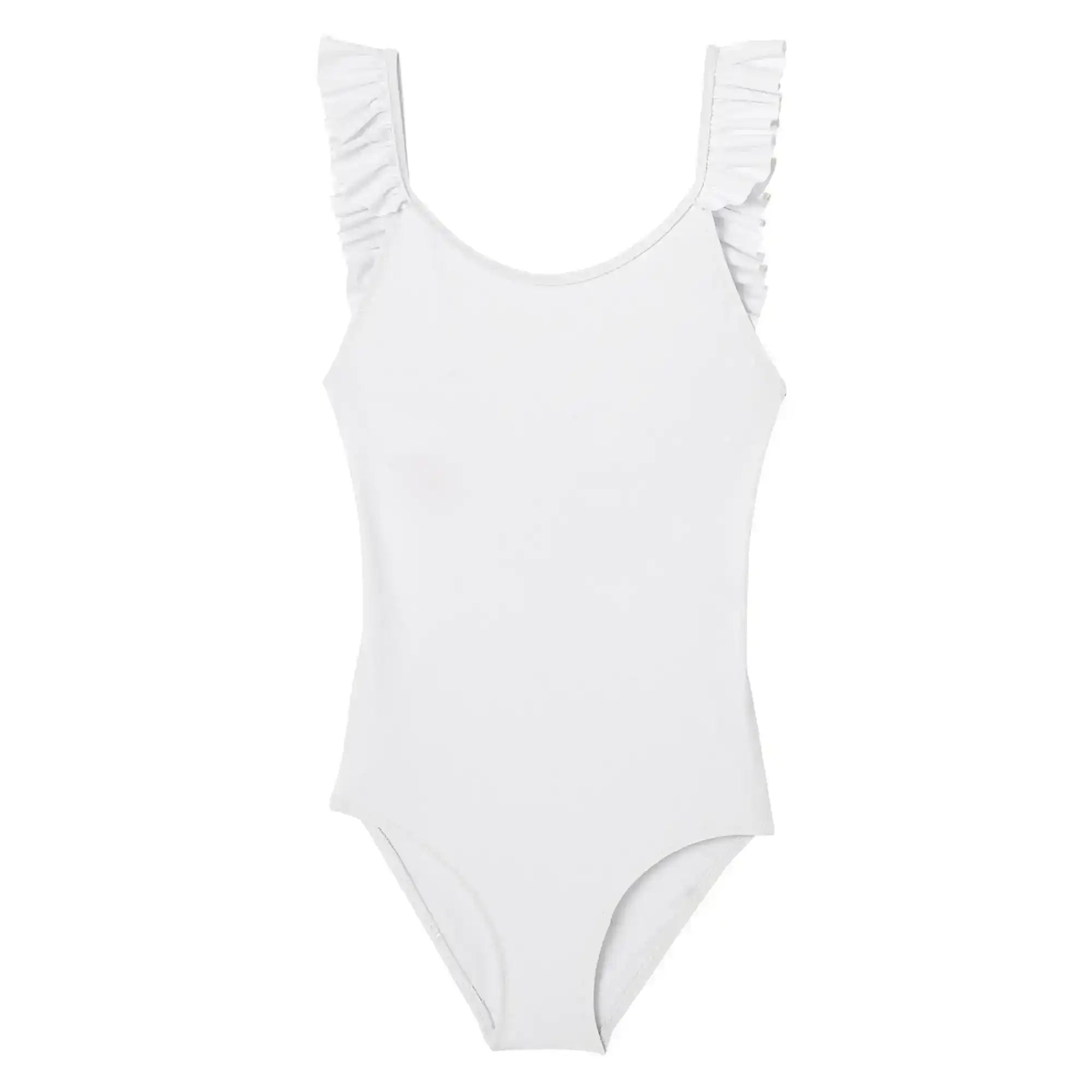 Girls' white one-piece swimsuit with ruffle straps, UPF protection