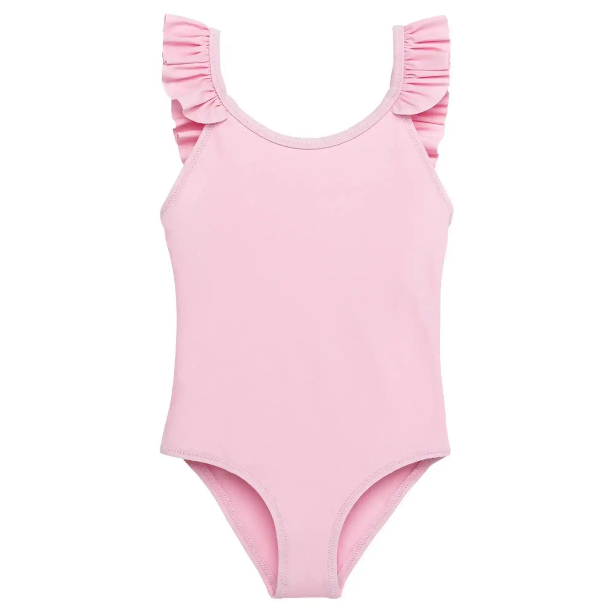 Light pink girls' one-piece swimsuit with ruffled shoulder straps, anti-UV fabric