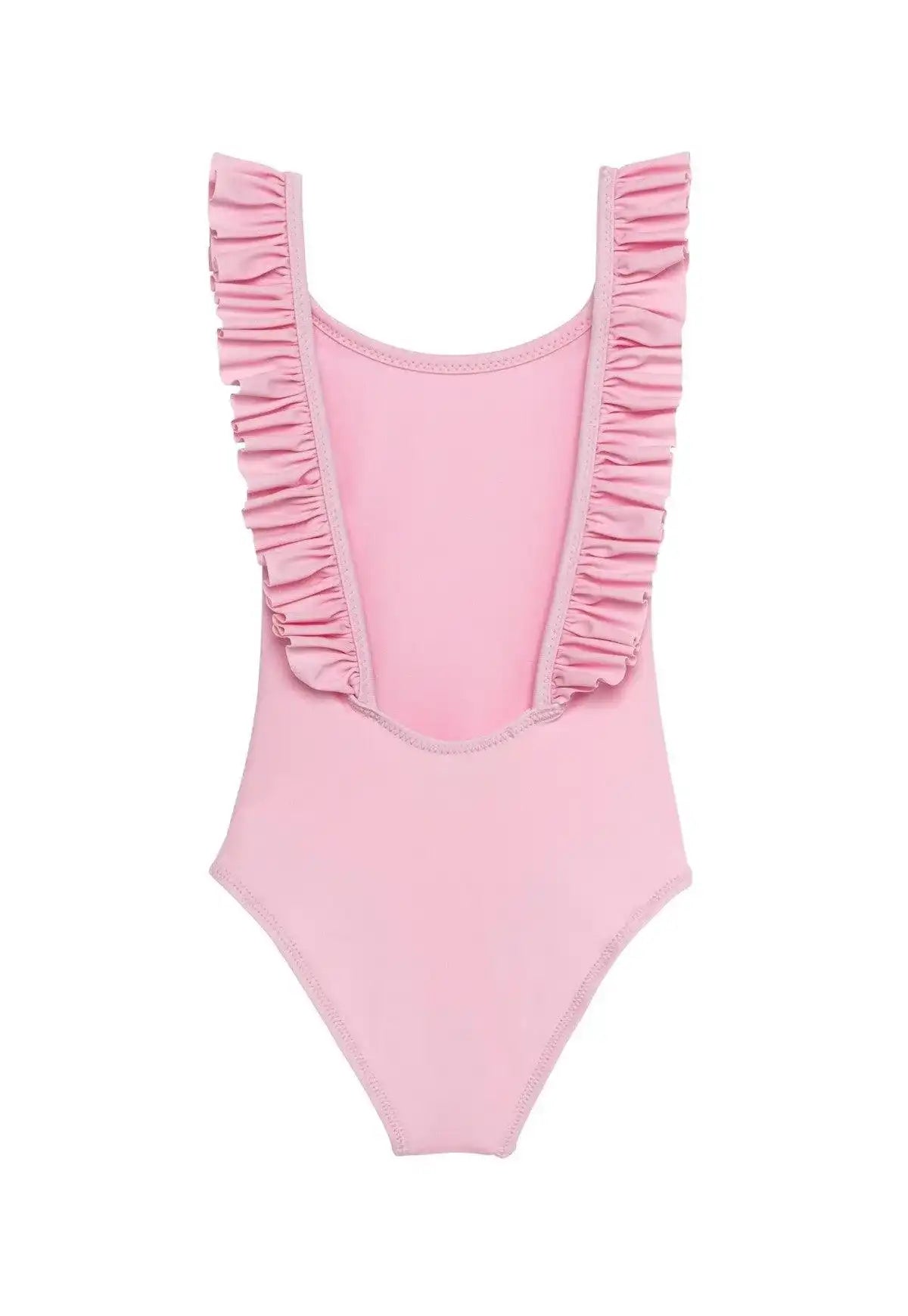 Light pink girls' one-piece swimsuit with ruffles, UV protection by Lison Paris