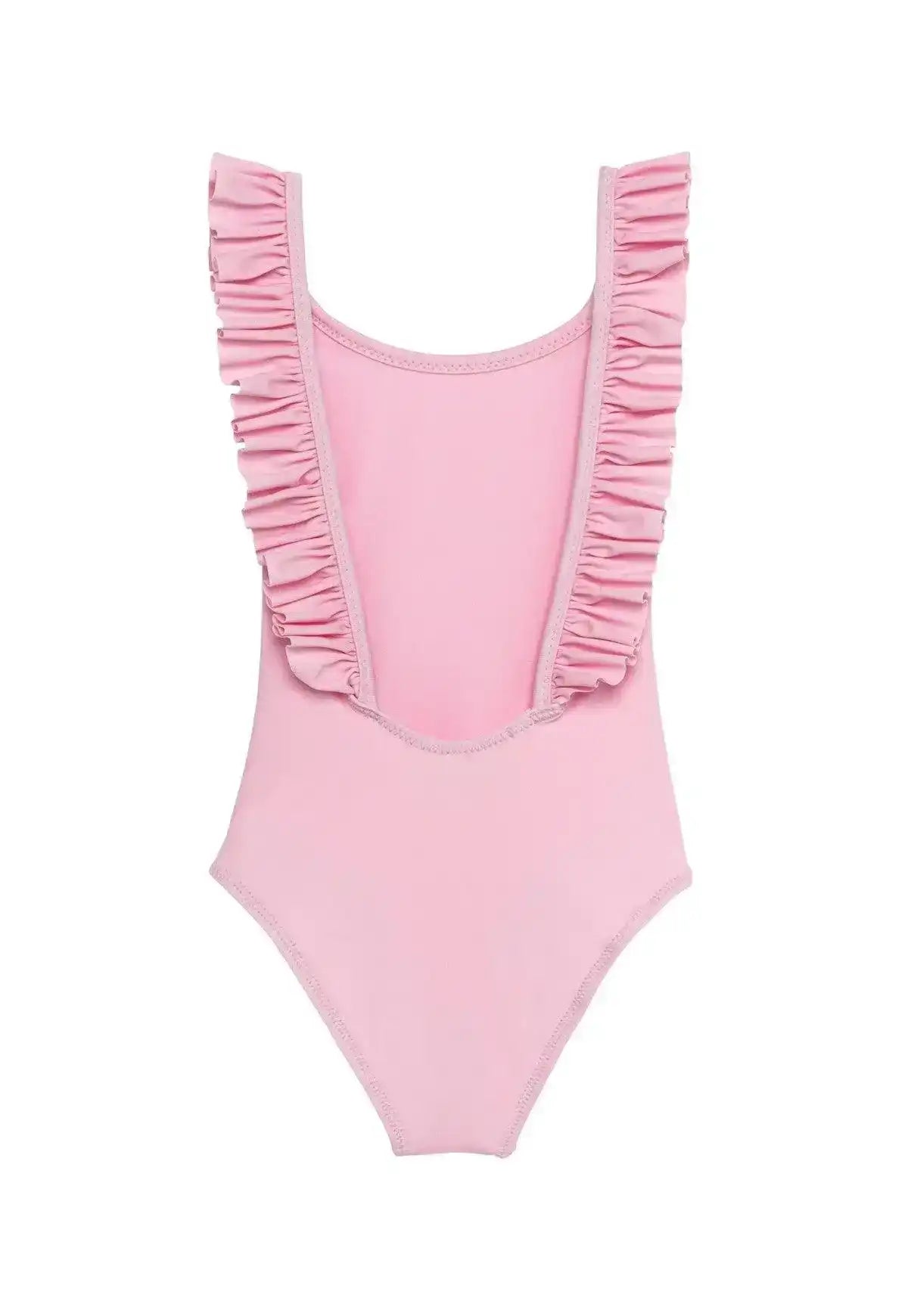 Light pink girls' one-piece swimsuit with ruffle trim and UV protection