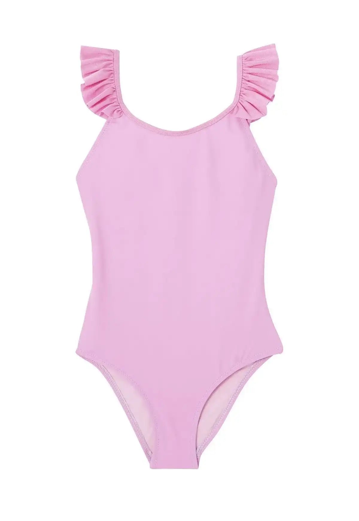 Lilac one-piece girls' swimsuit with ruffled straps, Lison Paris UV protection swimwear