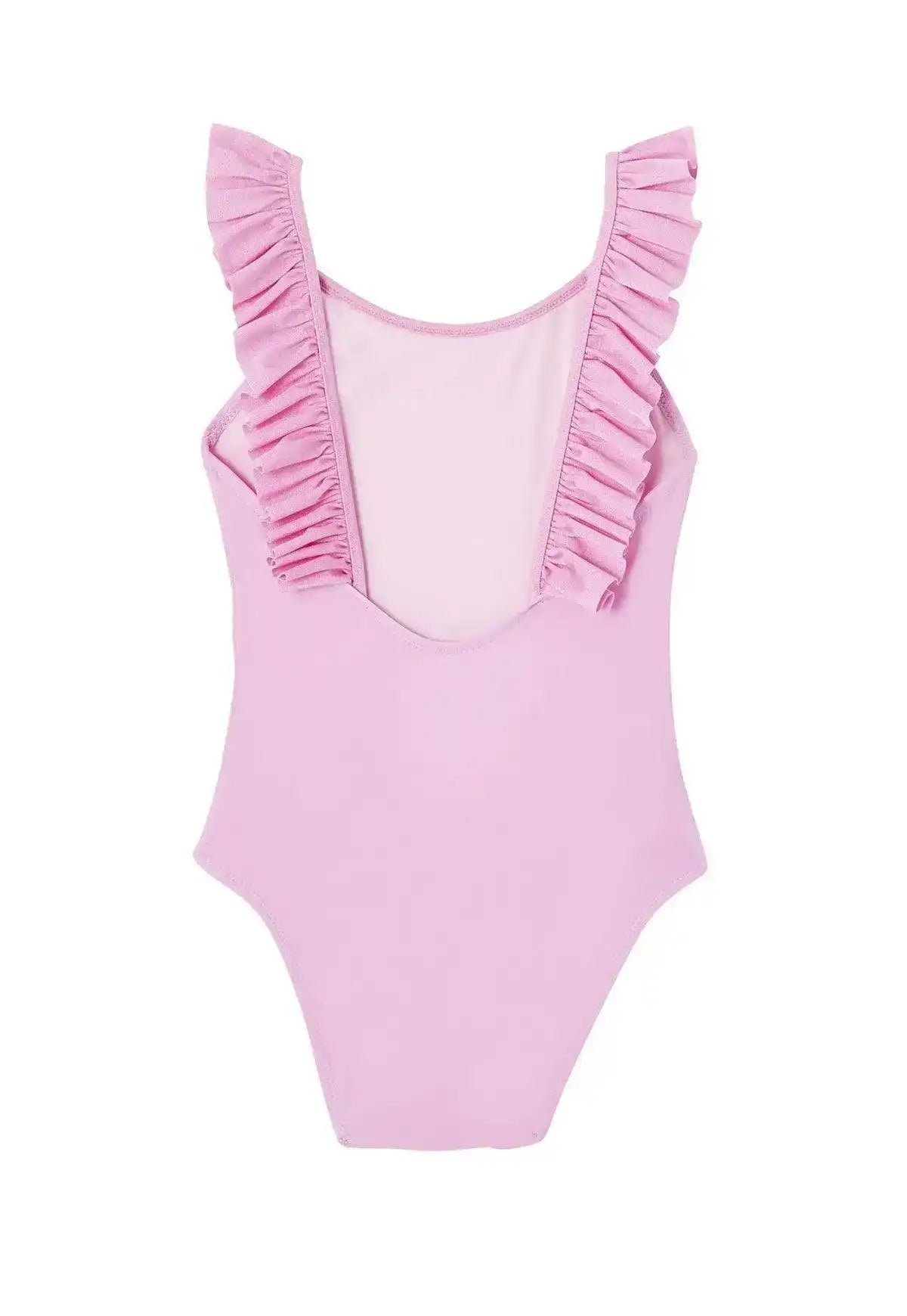 Lilac one-piece girls swimsuit with ruffle straps, back view, UPF 50+