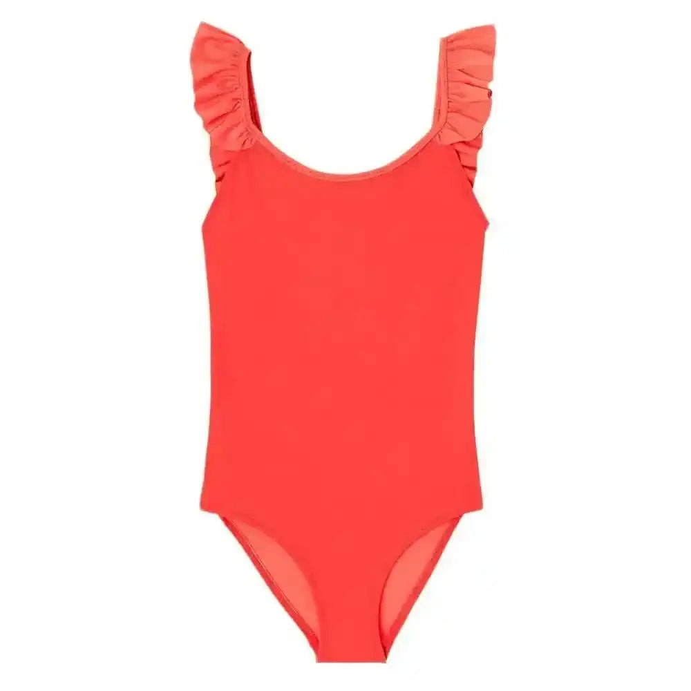 Girls' coral one-piece swimsuit with ruffled straps, UPF50 sun protection