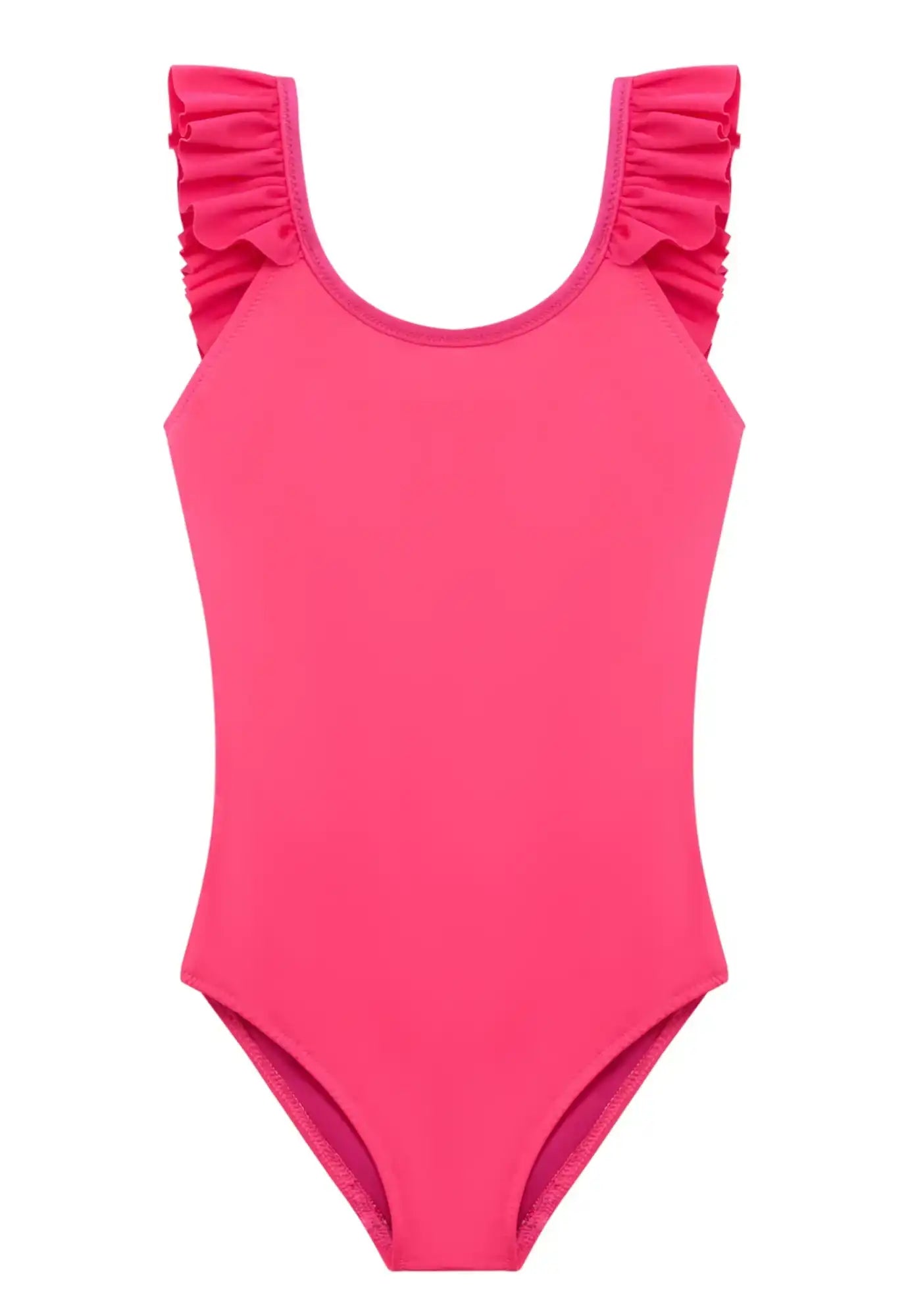 Bright pink one-piece girls swimsuit with ruffled shoulders, UV protection by Lison Paris