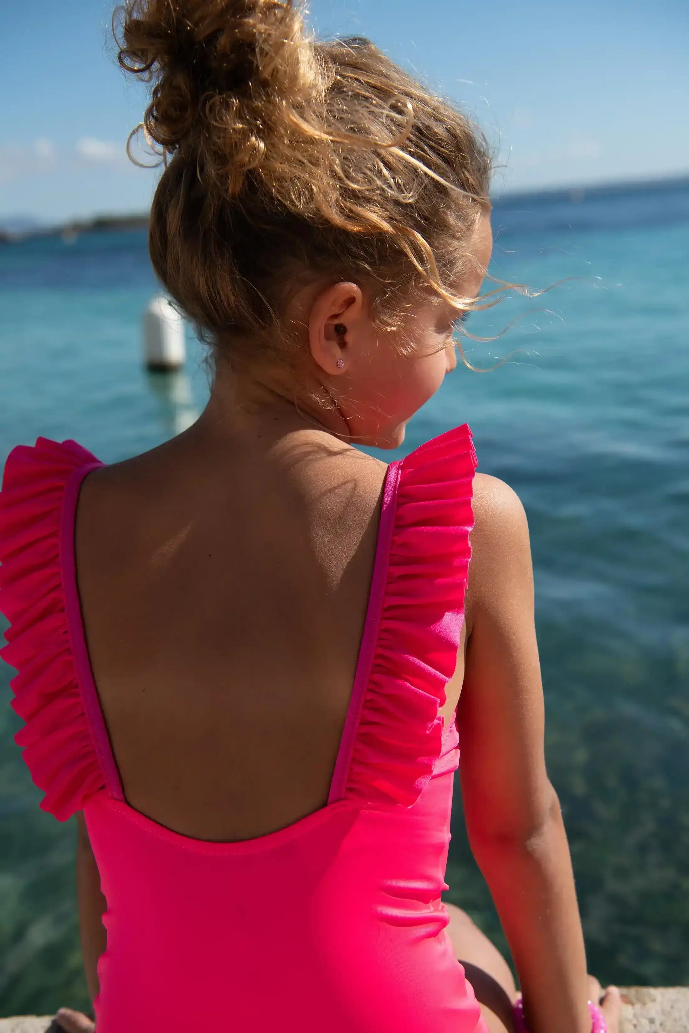 Girls' One-Piece Swimsuit with Ruffles, UPF50+, Hot pink | BORA BORA 1P