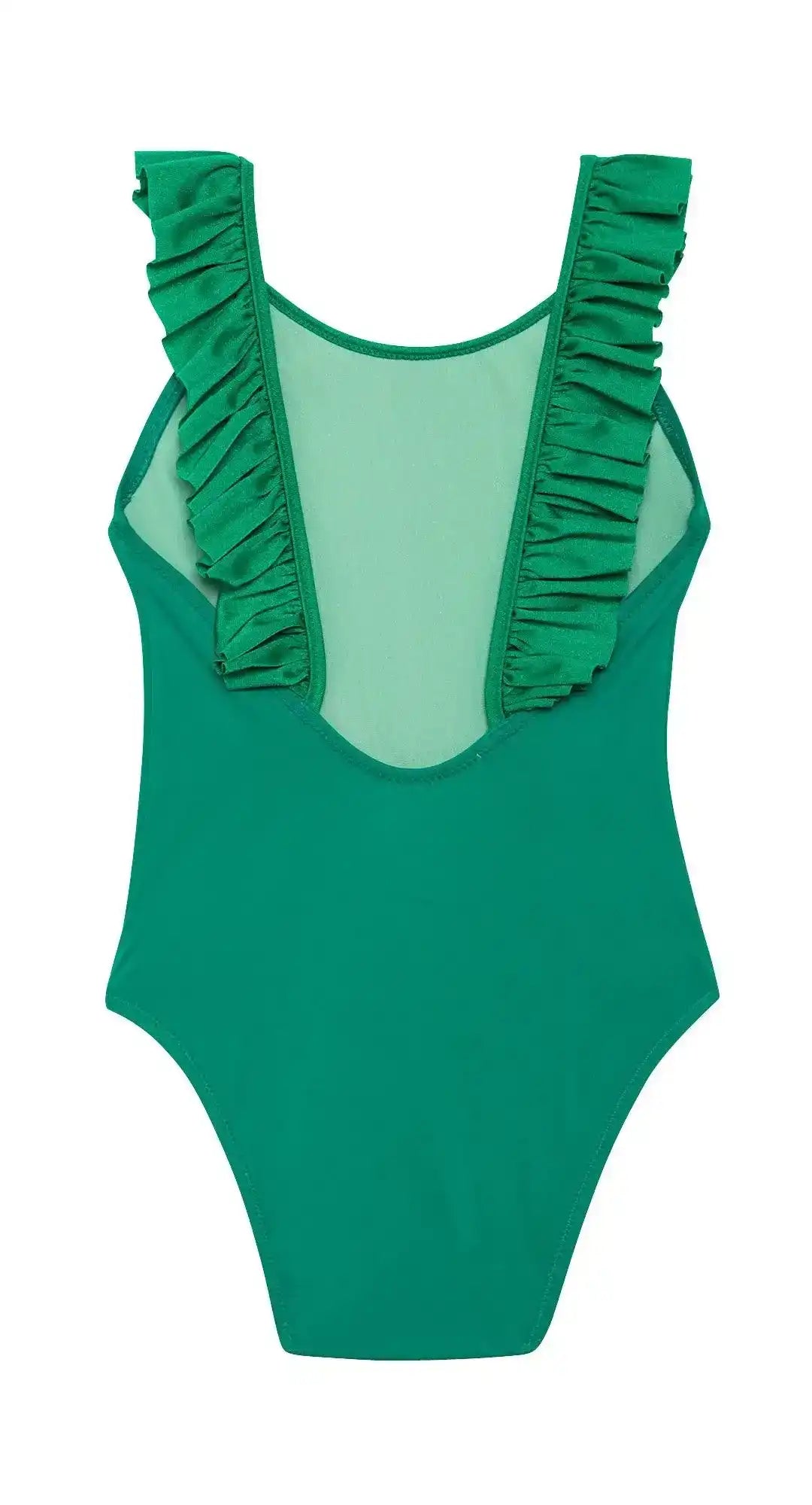 Green girls' one-piece swimsuit with ruffled straps and UPF50 protection