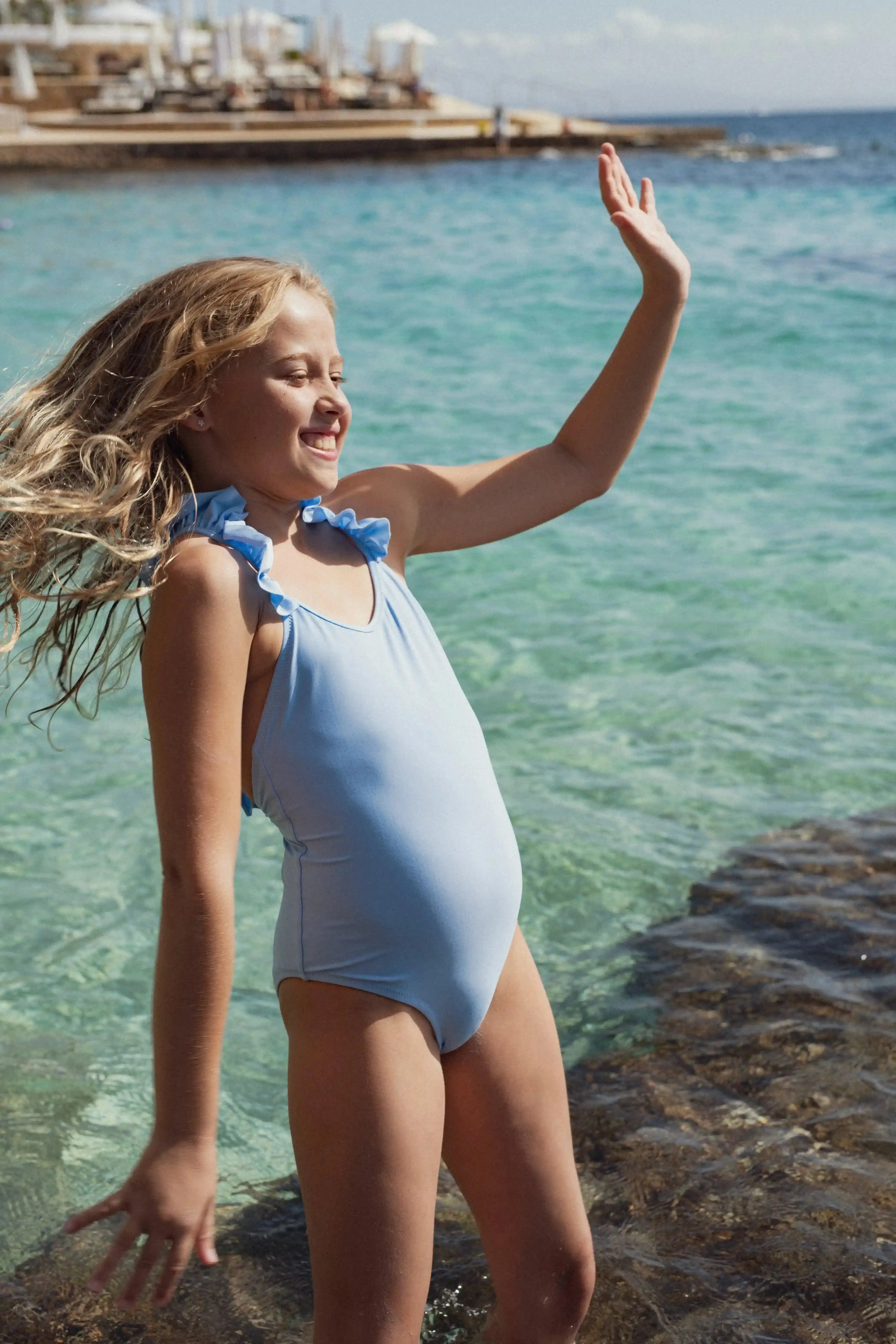 Girls' UV-protective one-piece swimsuit with ruffles, sky blue | BORA BORA 1P