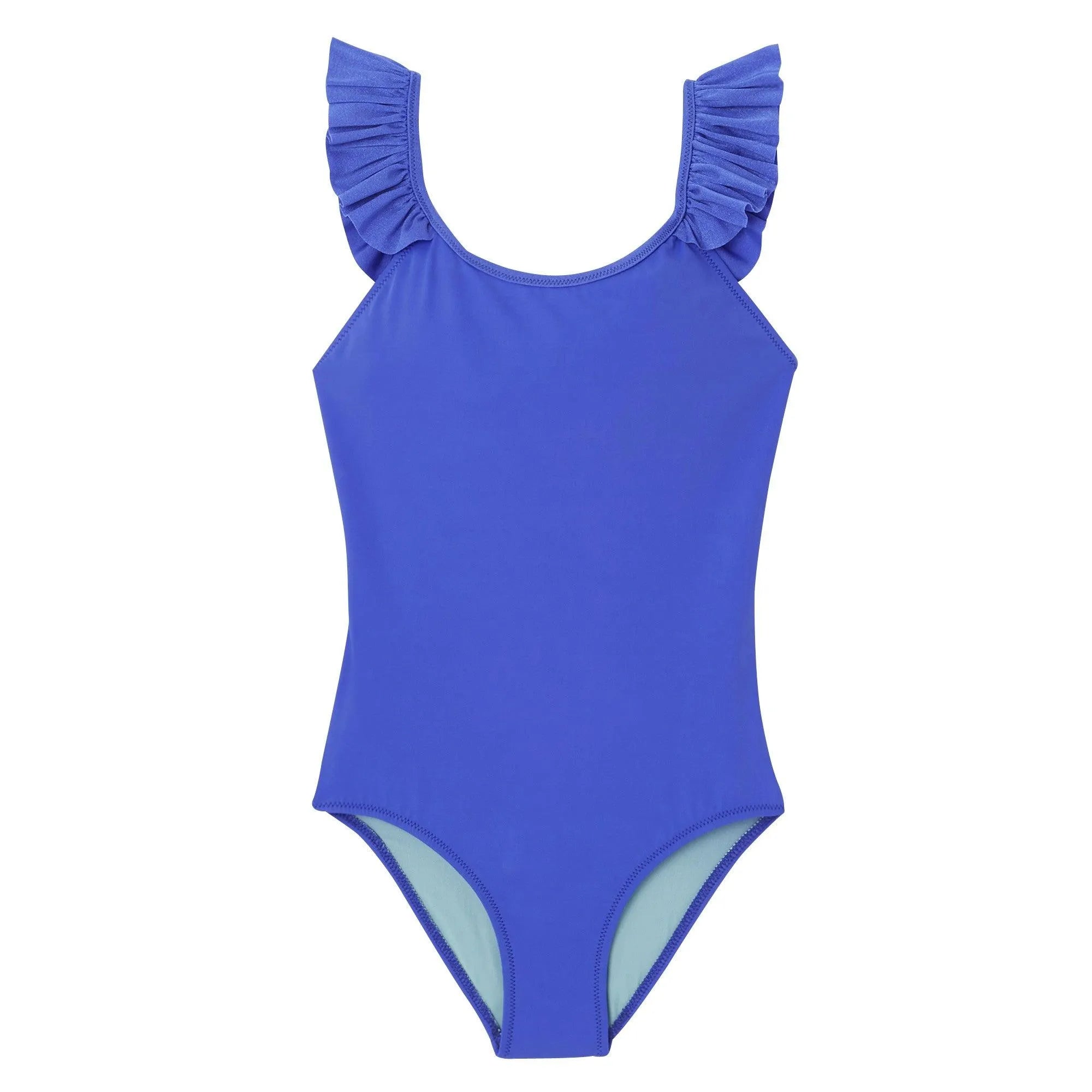 Maillot de bain une pièce fille anti UV à volants, bleu outremer| BORA BORA 1P - Lison Paris