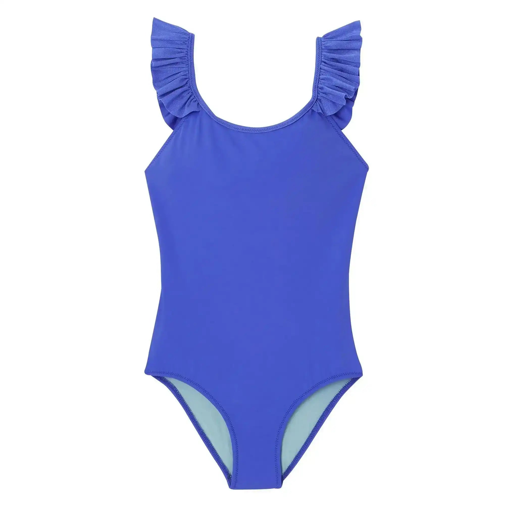 Girls' one-piece blue swimsuit with UV protection and ruffled shoulder straps