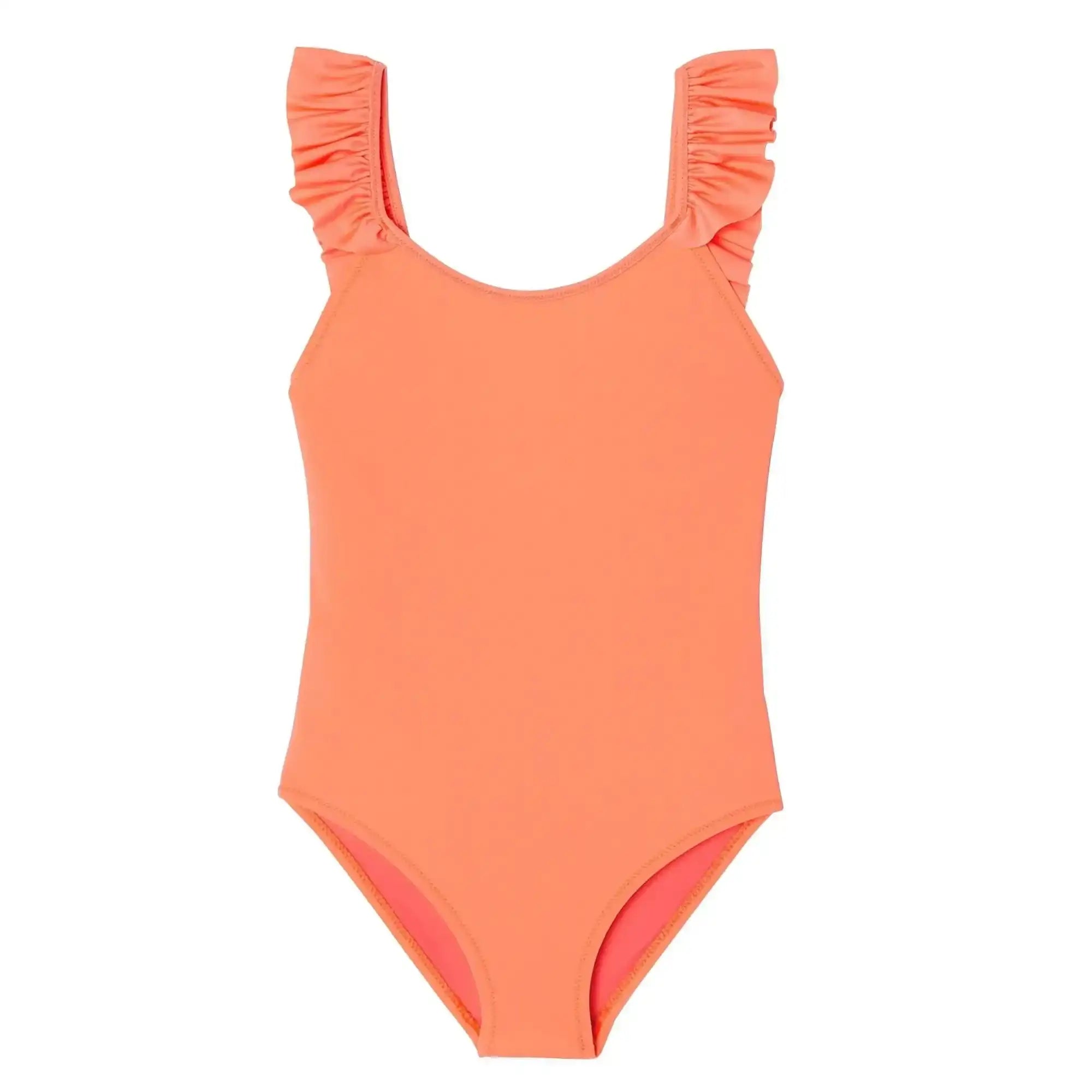 Girls' coral one-piece swimsuit with ruffled straps, UV protection, Lison Paris beachwear