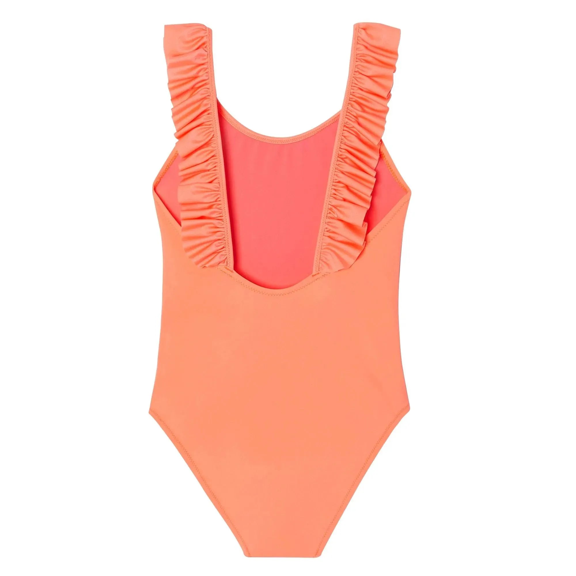 Maillot de bain une pièce fille anti UV à volants, corail fluo| BORA BORA 1P - Lison Paris