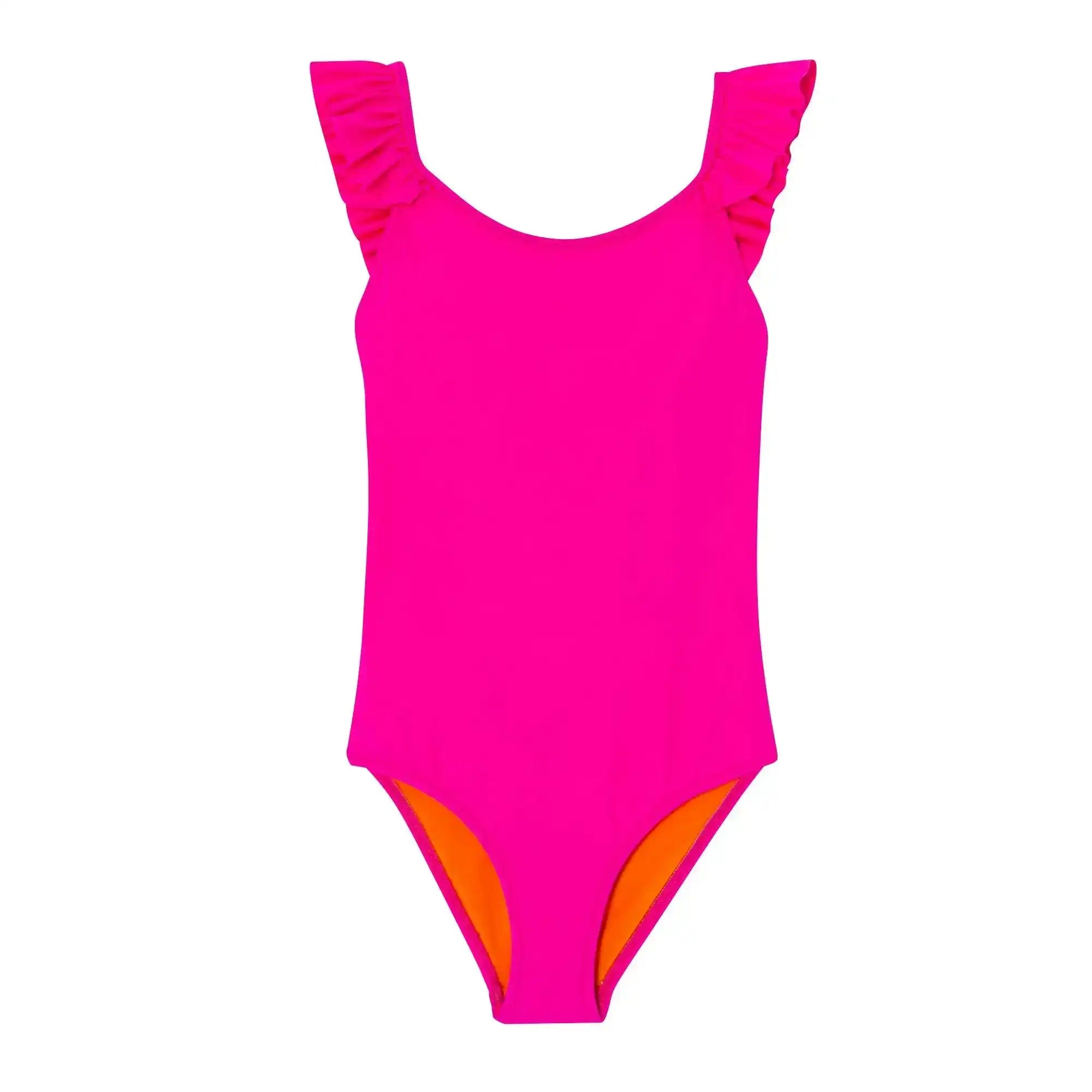 Girls' fuchsia one-piece swimsuit with ruffled straps and orange lining, UV protection.