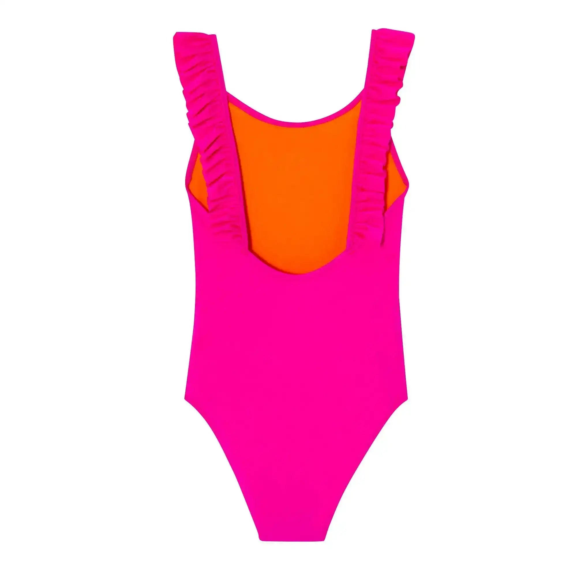 Girls' fuchsia one-piece swimsuit with ruffled straps and orange lining, UV protection
