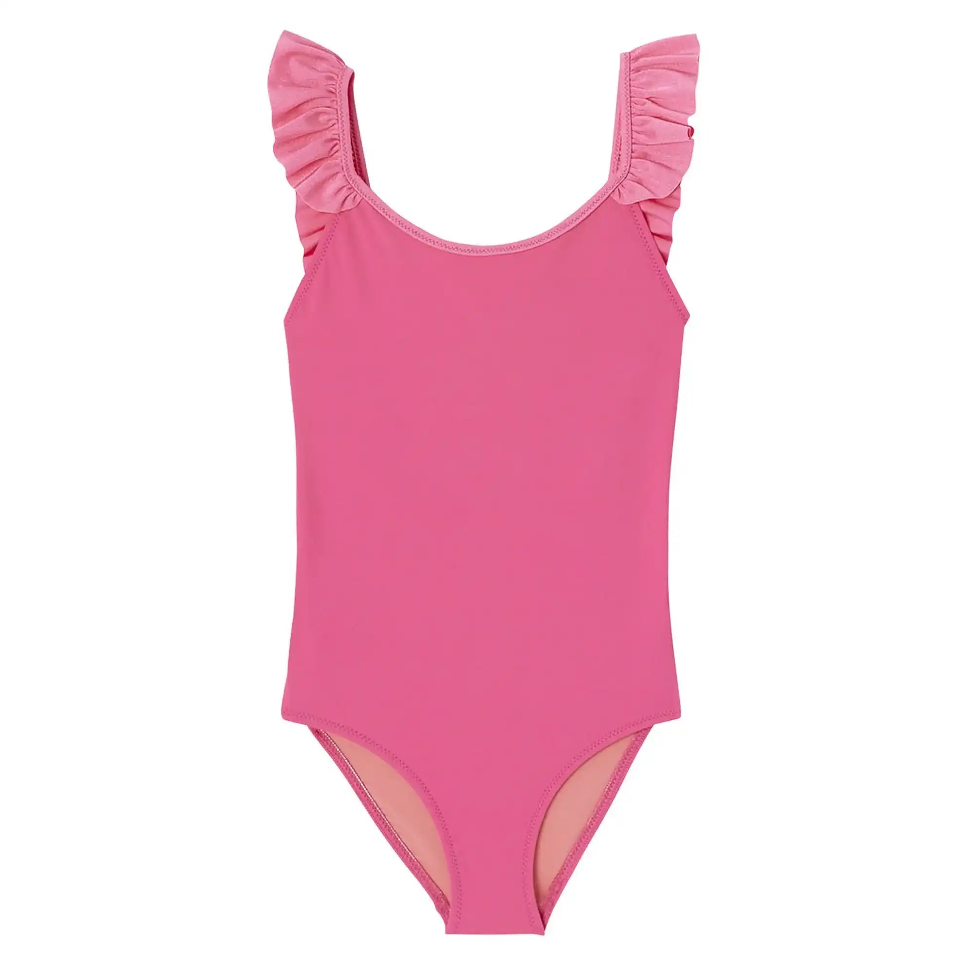 Pink one-piece girls' swimsuit with ruffled straps, UV protection, Lison Paris beachwear