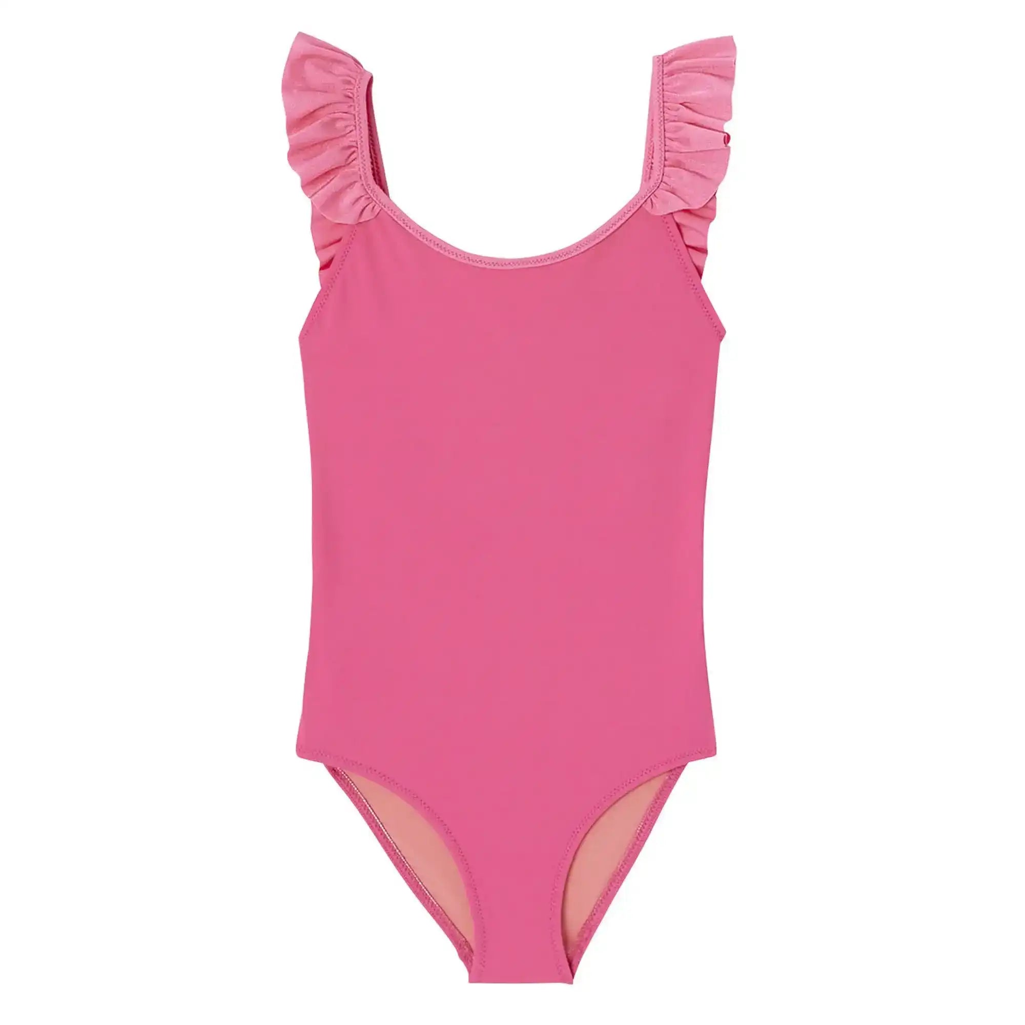 Pink one-piece girls' swimsuit with ruffled straps, anti-UV beachwear