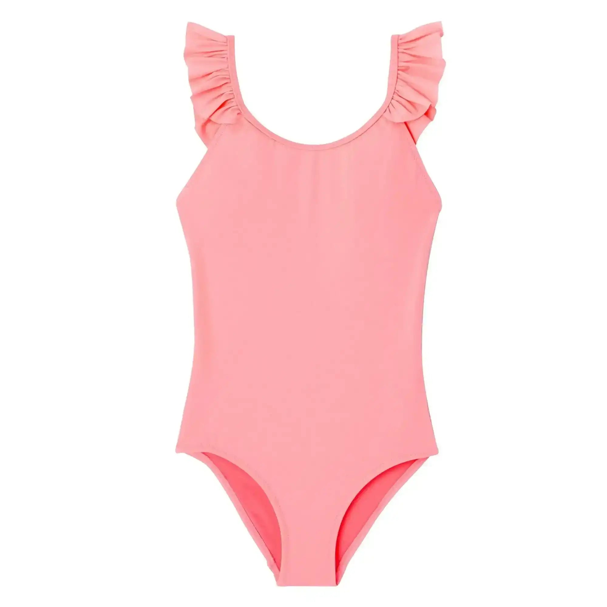 Girls' pink one-piece swimsuit with UV protection and ruffle shoulder details