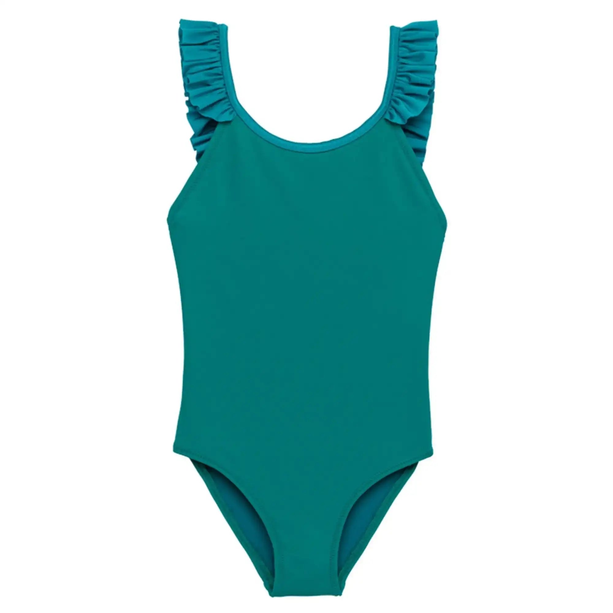 Girls' jade green one-piece swimsuit with ruffle straps, Lison Paris, anti-UV swimwear