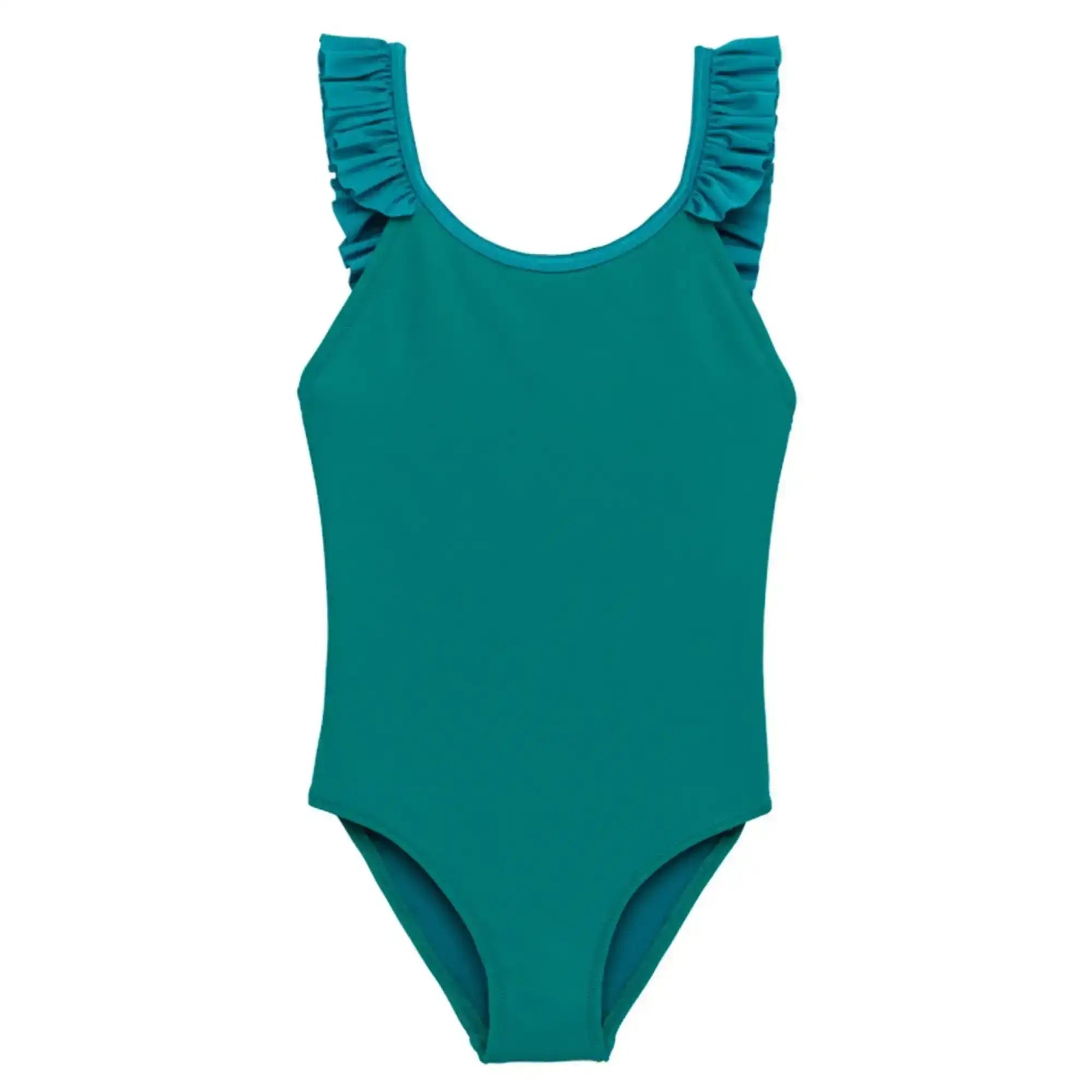Teal one-piece girls' swimsuit with ruffled shoulder straps, anti-UV swimwear