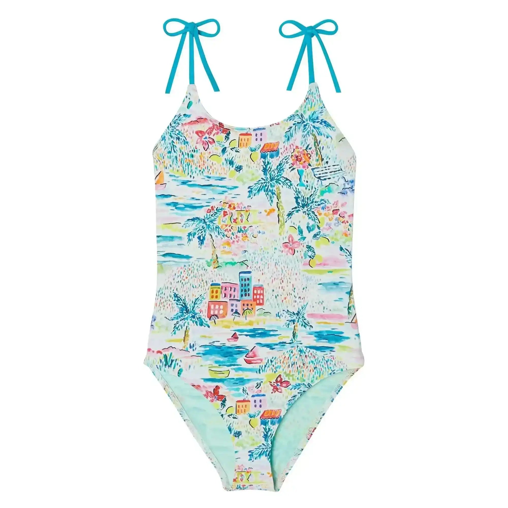 Girls one-piece swimsuit with aqua and gold tropical print and bow tie shoulder straps