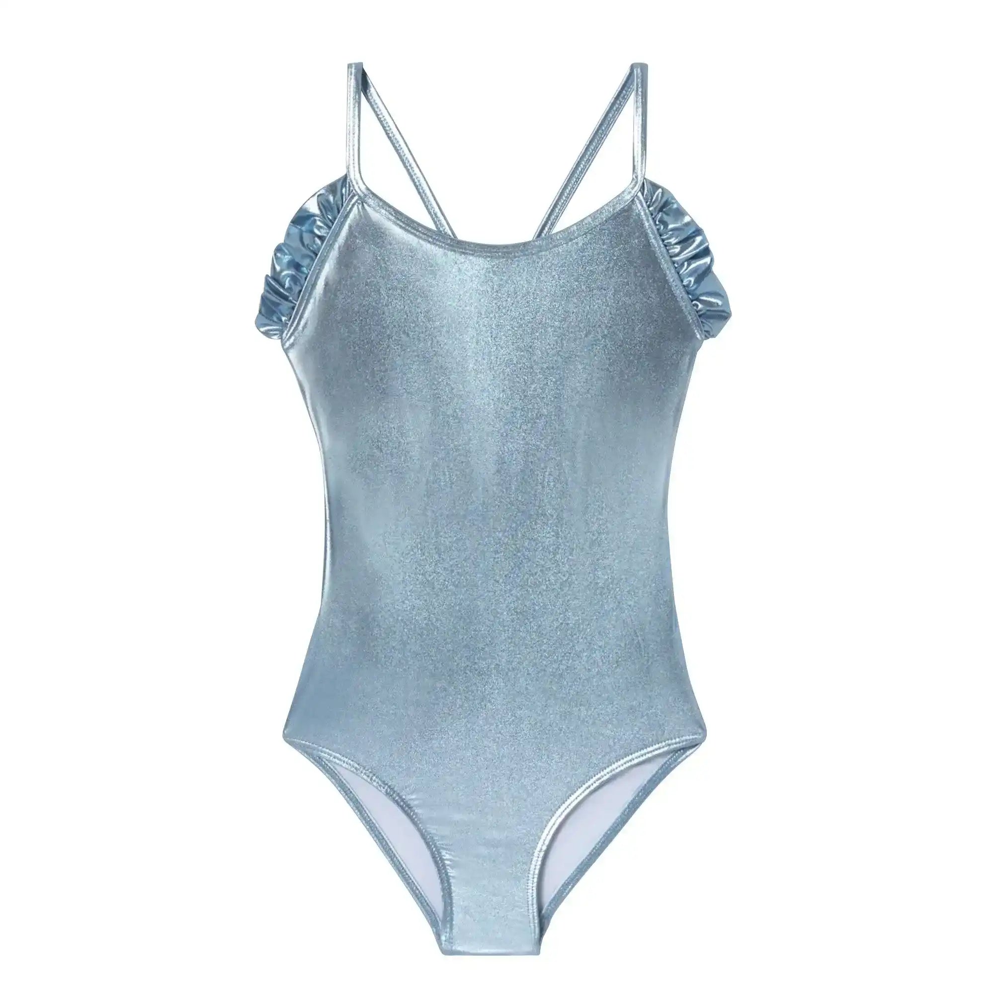 Girls' one-piece swimsuit in iridescent light blue with ruffle shoulder straps
