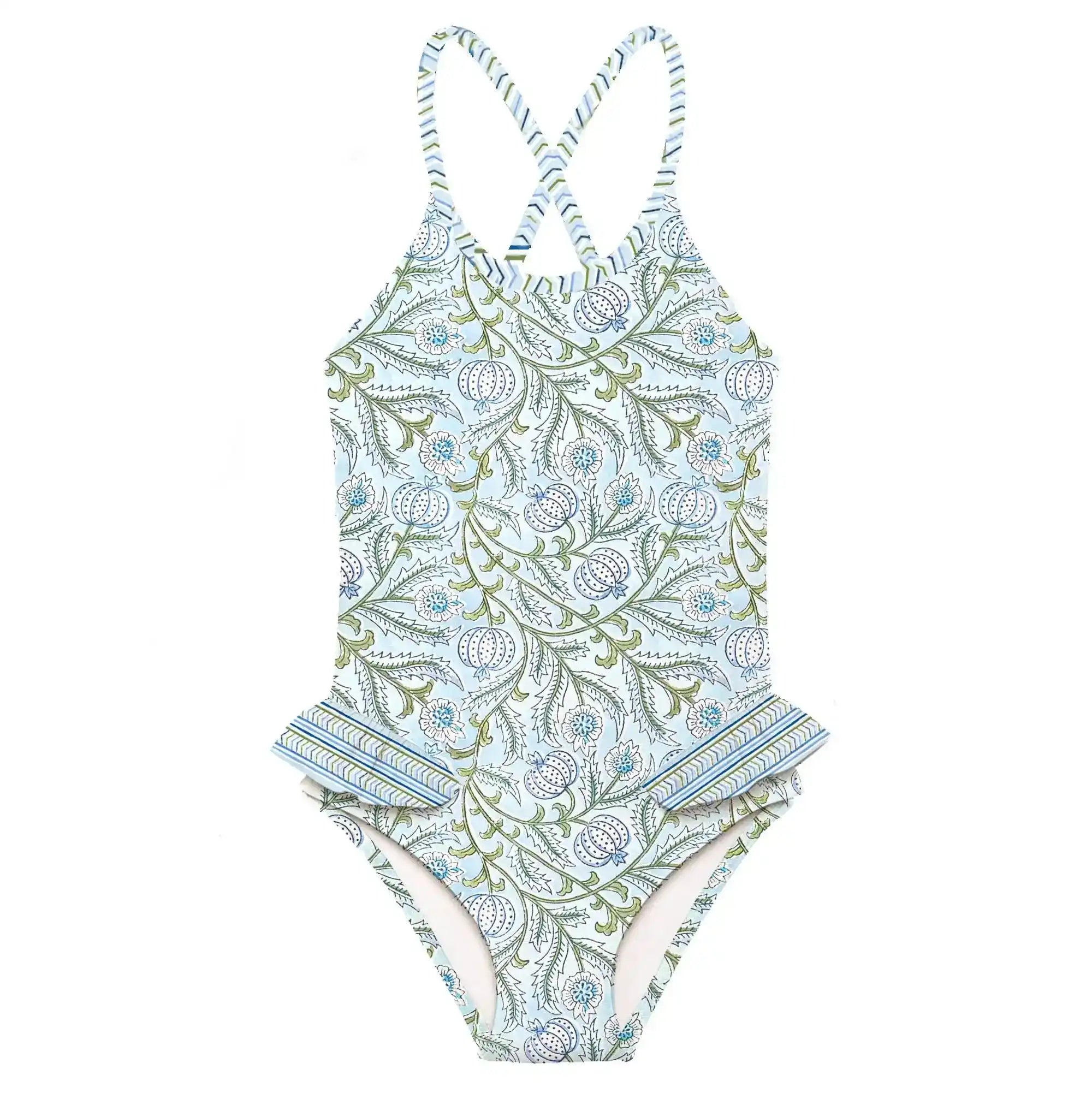 Girls' blue and gold floral one-piece swimsuit with crisscross straps and ruffle detail