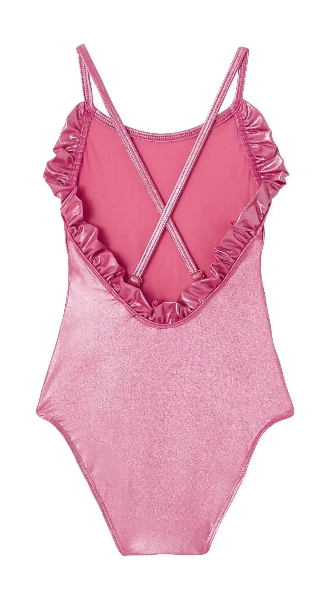 Pink iridescent girls one-piece swimsuit with ruffle trim and crisscross straps