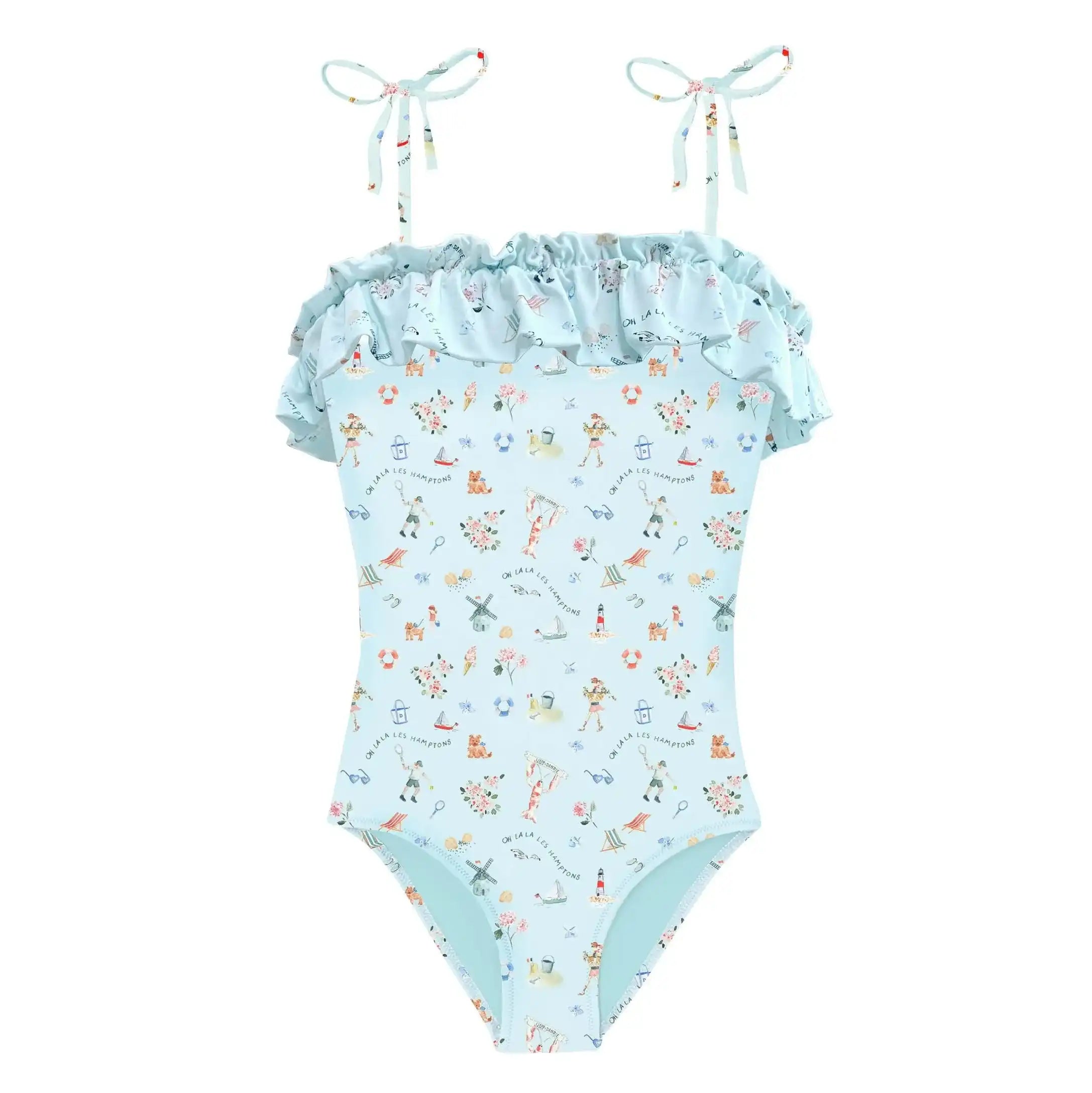 Light blue girls' one-piece swimsuit with ruffle neckline and playful summer print, Lison Paris