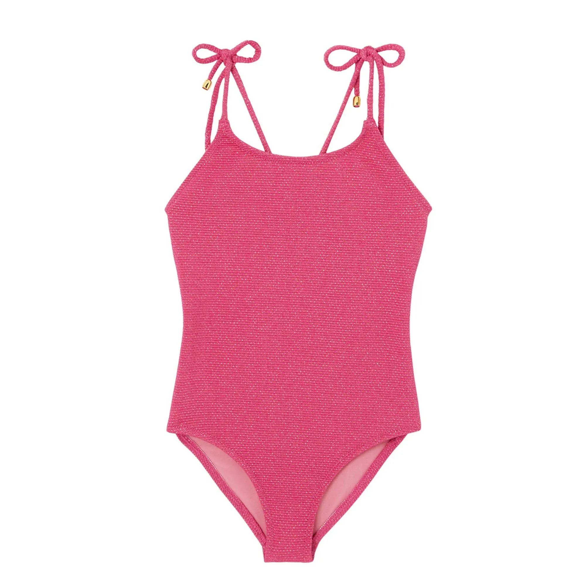 Maillot de bain une pièce fille, piqué framboise / or | BAHAMAS 1P - Lison Paris