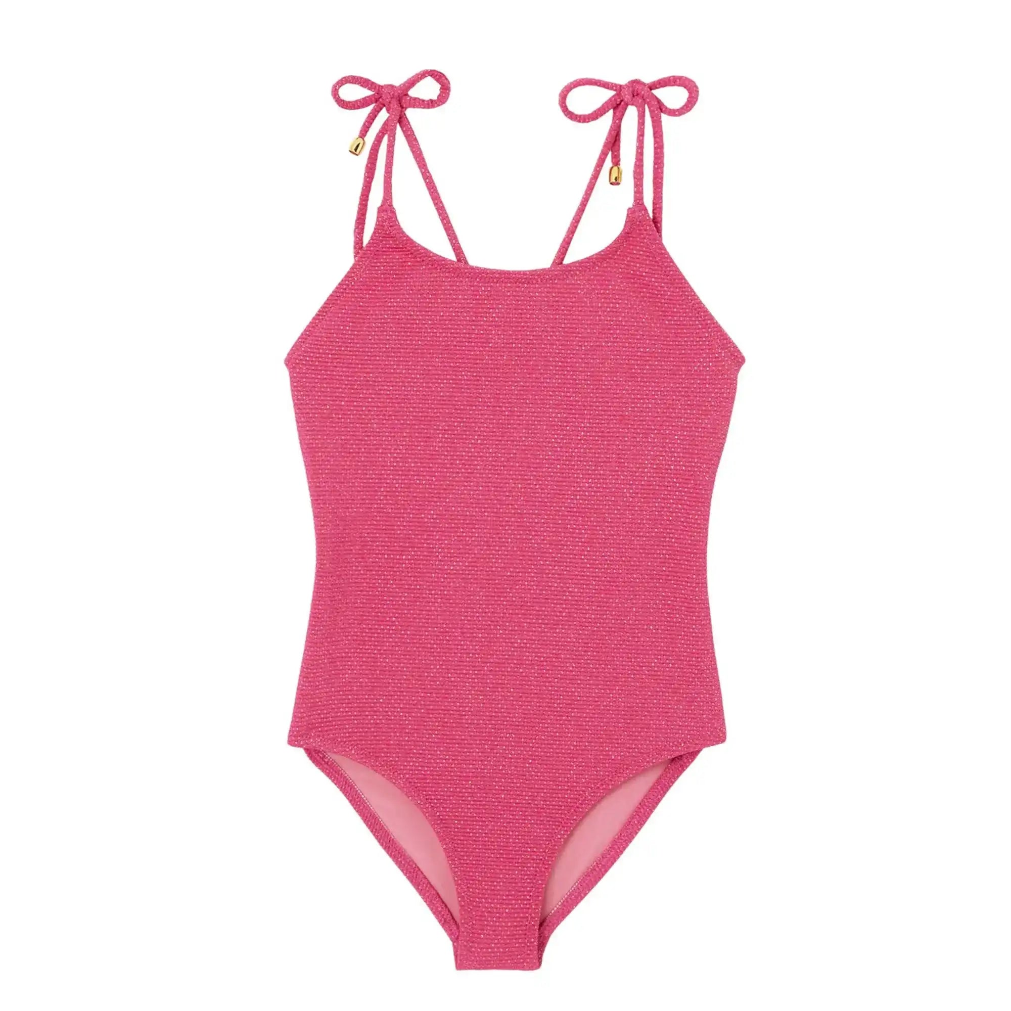 Lison Paris raspberry pink one-piece girls' swimsuit with tie shoulder straps, UV protection