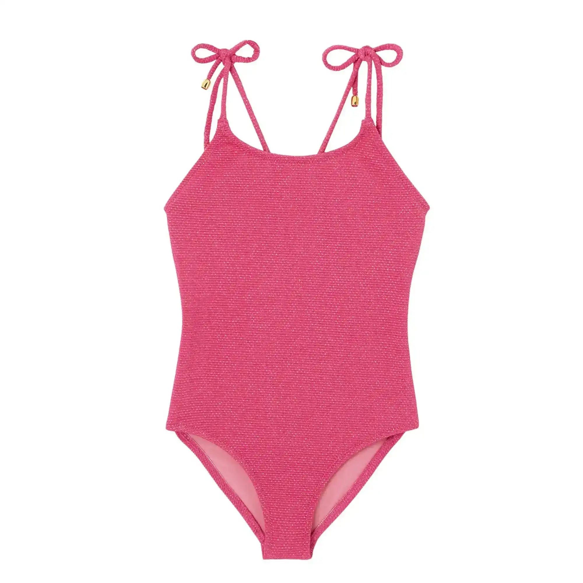 Girls' one-piece pink swimsuit with textured fabric and tied shoulder straps