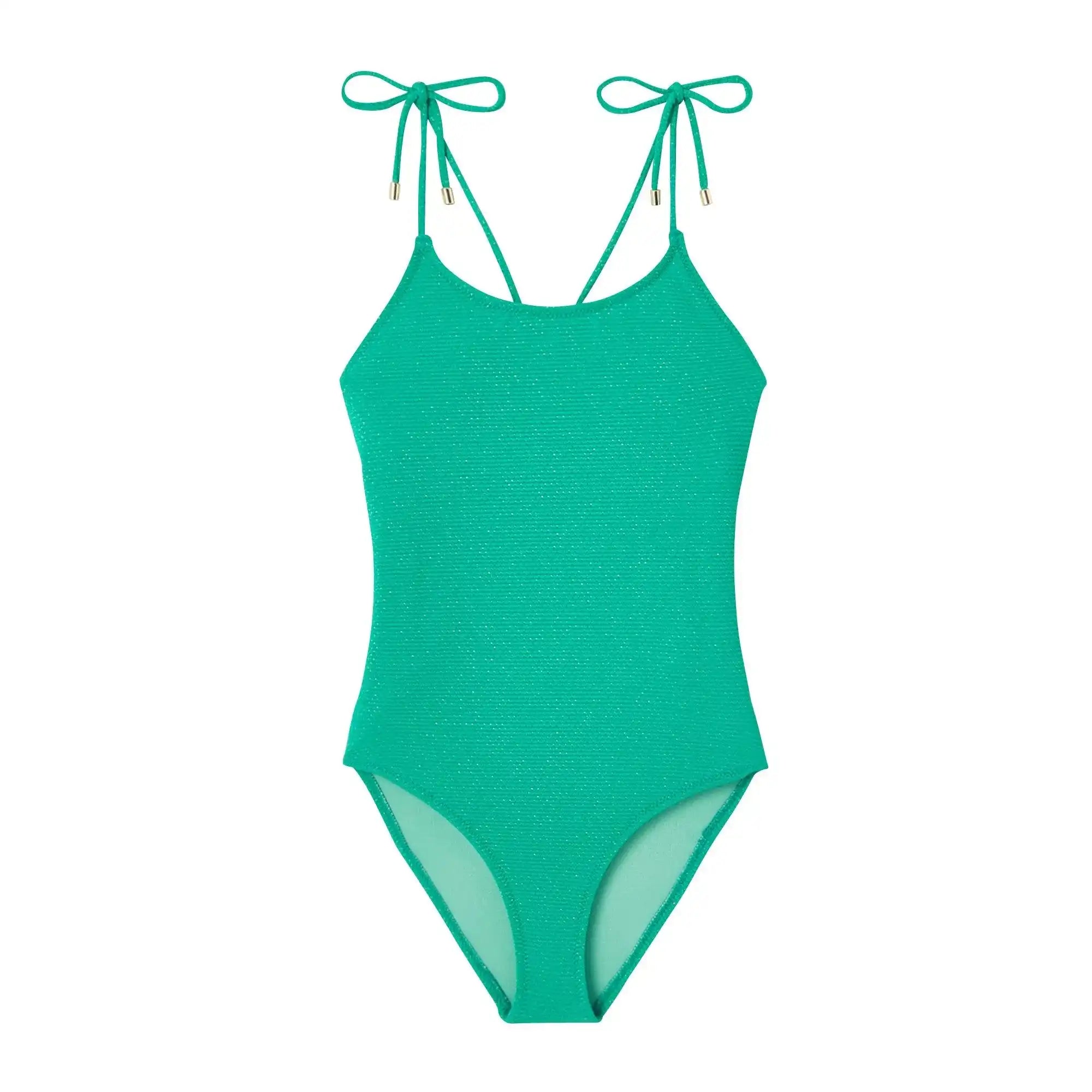 Girls' green one-piece swimsuit with tie straps, Lison Paris UV protection swimwear