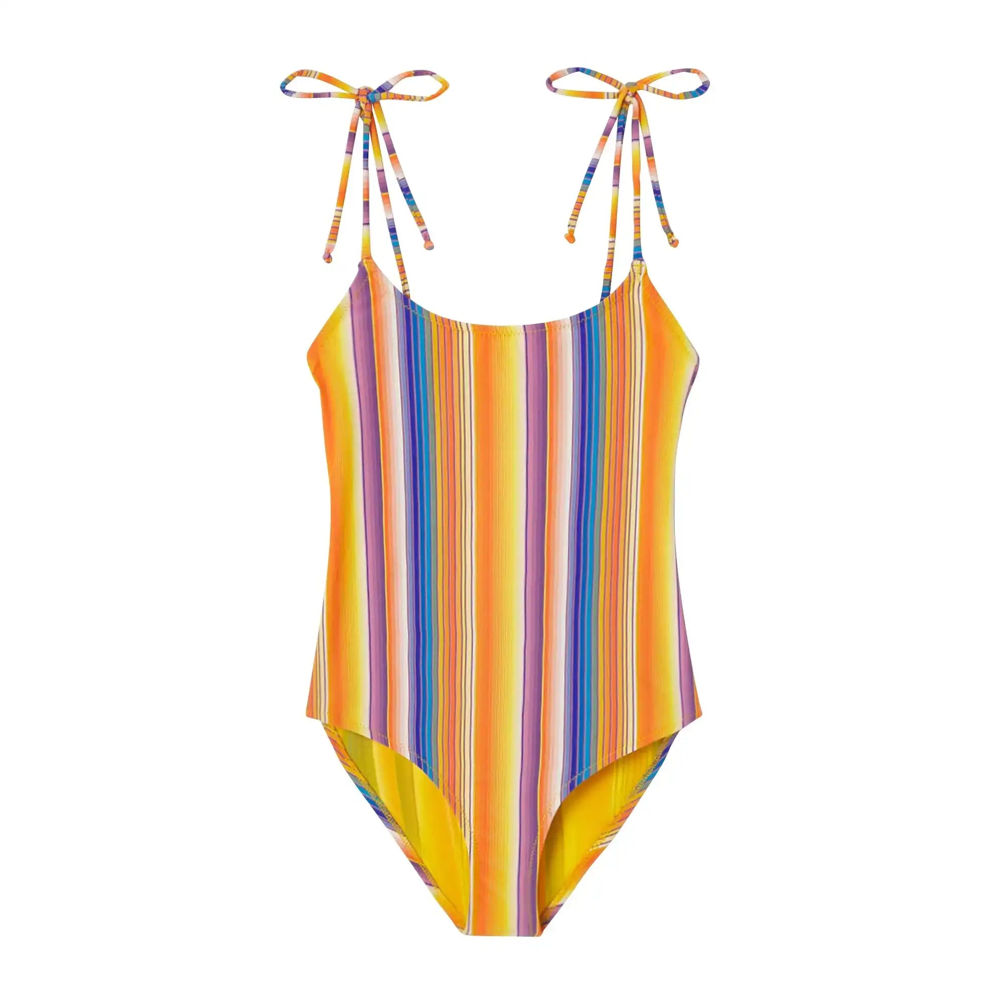 Girls' one-piece swimsuit with colorful orange, yellow, and blue stripes, Lison Paris