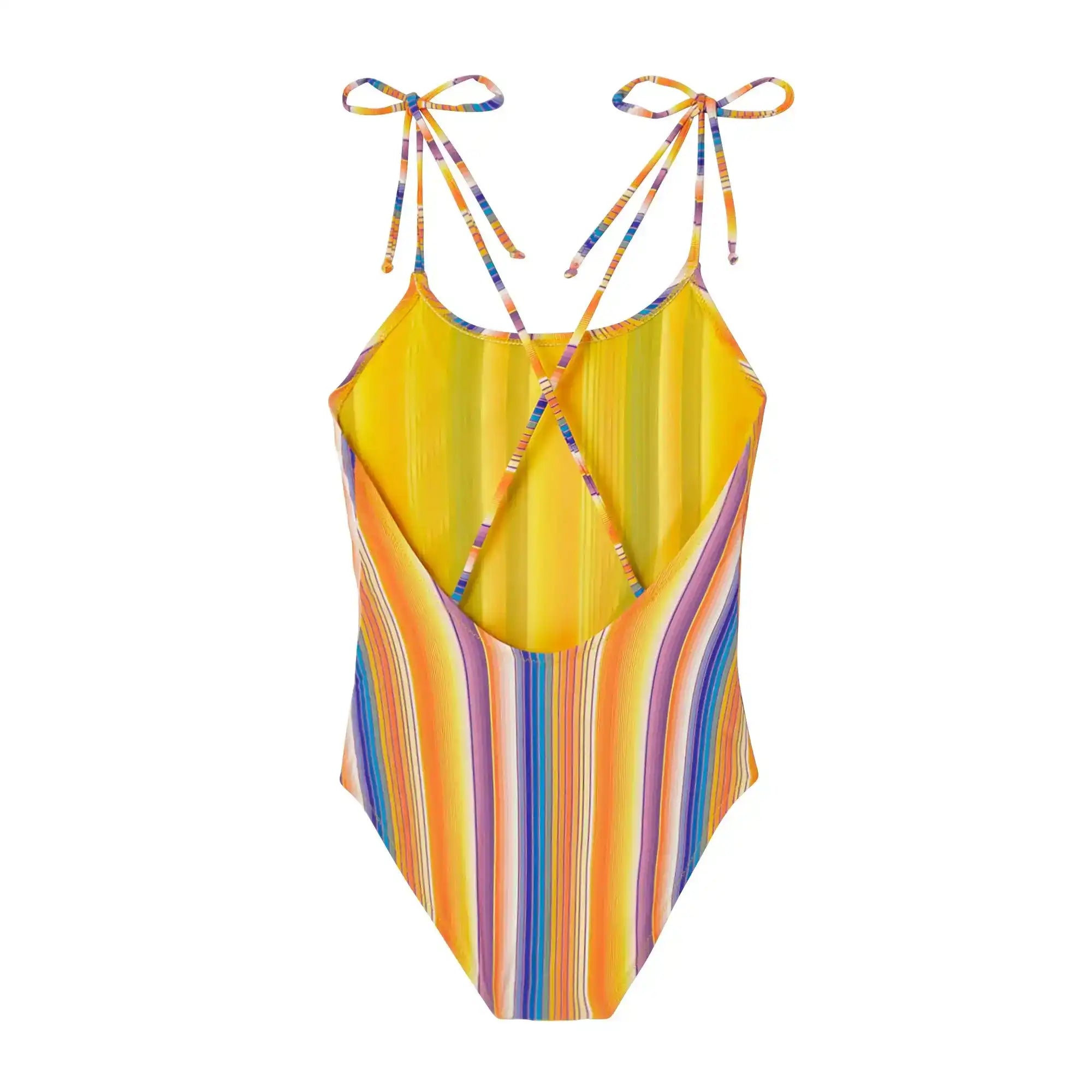 Girls' one-piece swimsuit with orange and colorful stripes, open back, tie straps