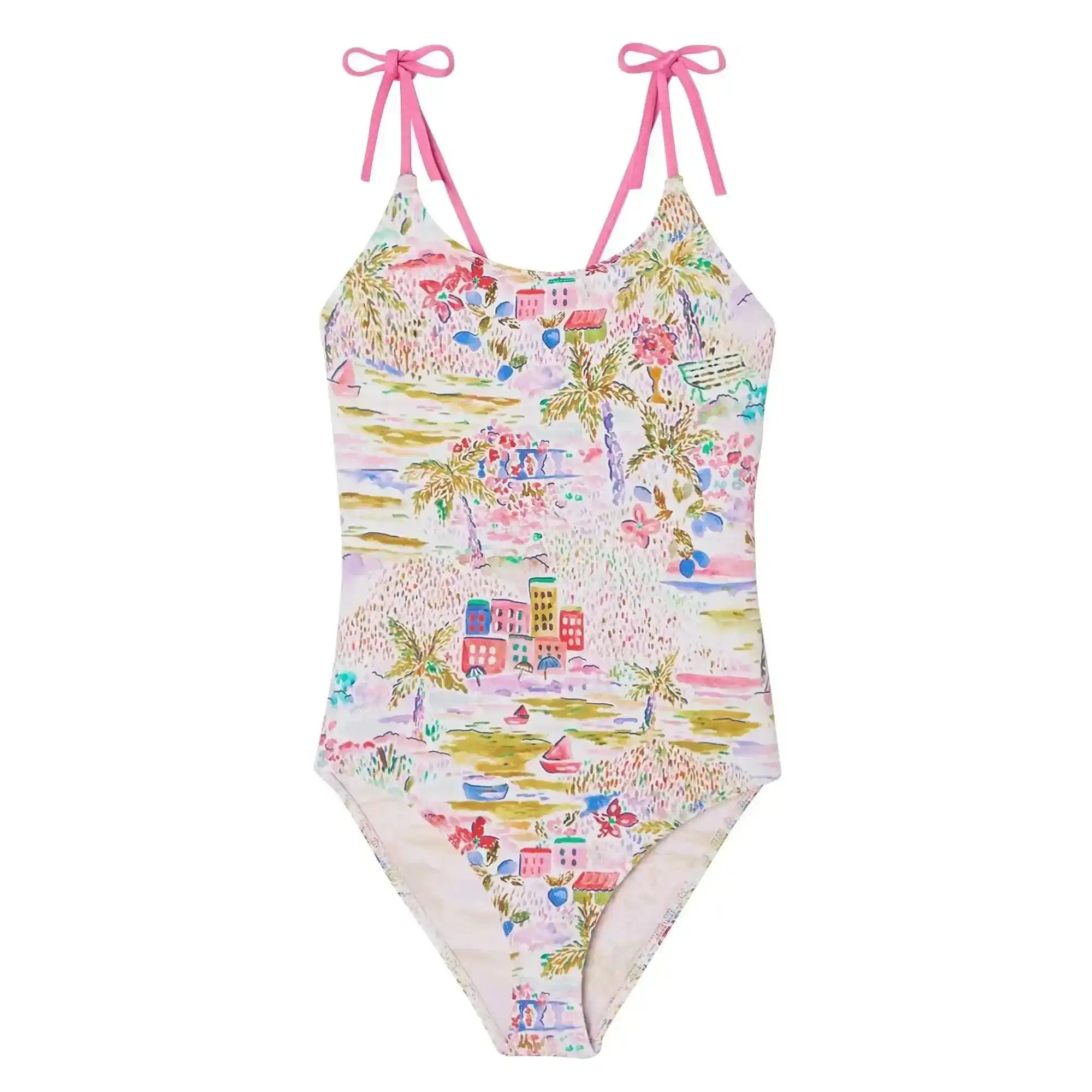 Girls pink one-piece swimsuit with colorful beach and palm tree print, tie shoulder straps