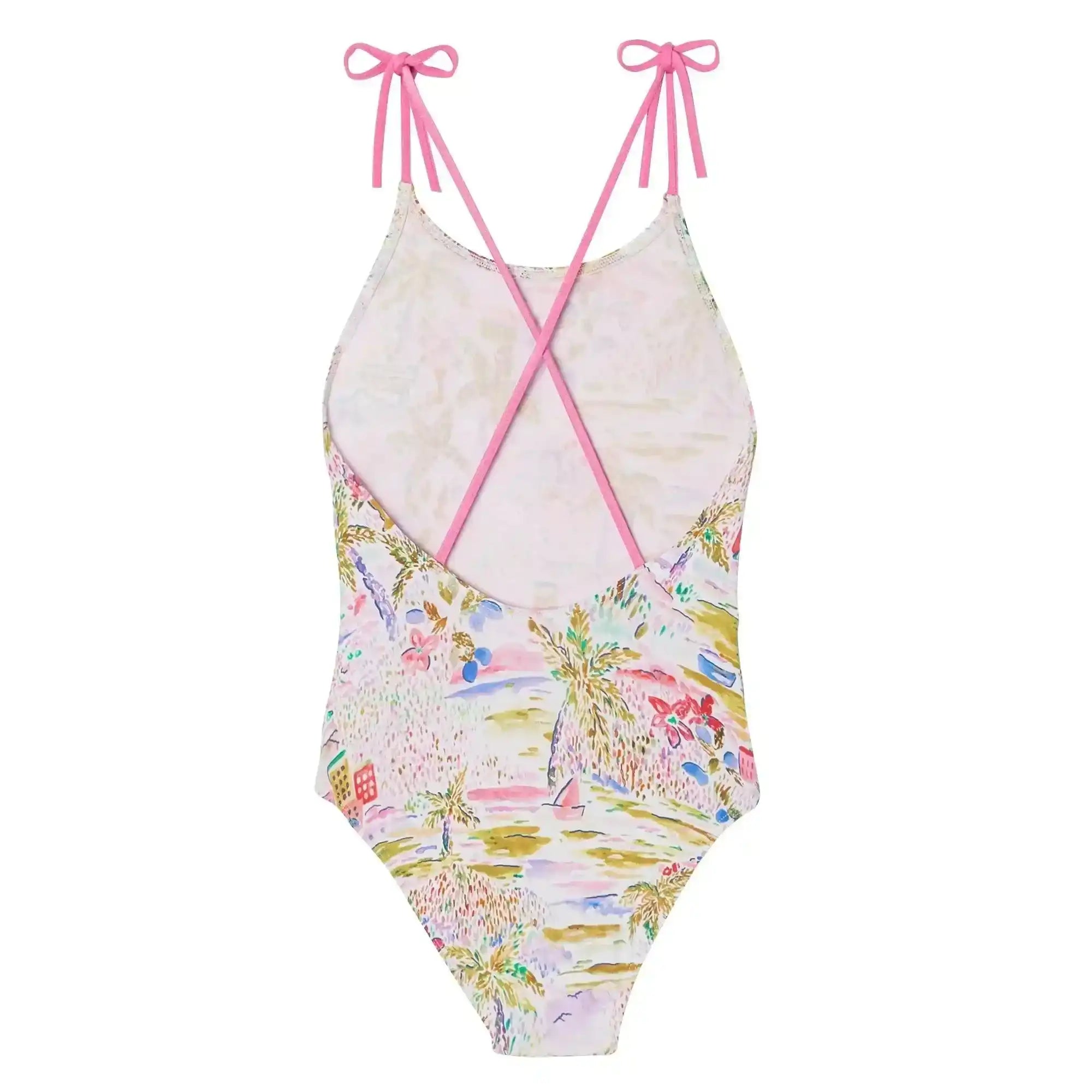 Girl's one-piece swimsuit with pink straps, floral and beach print, crisscross back design