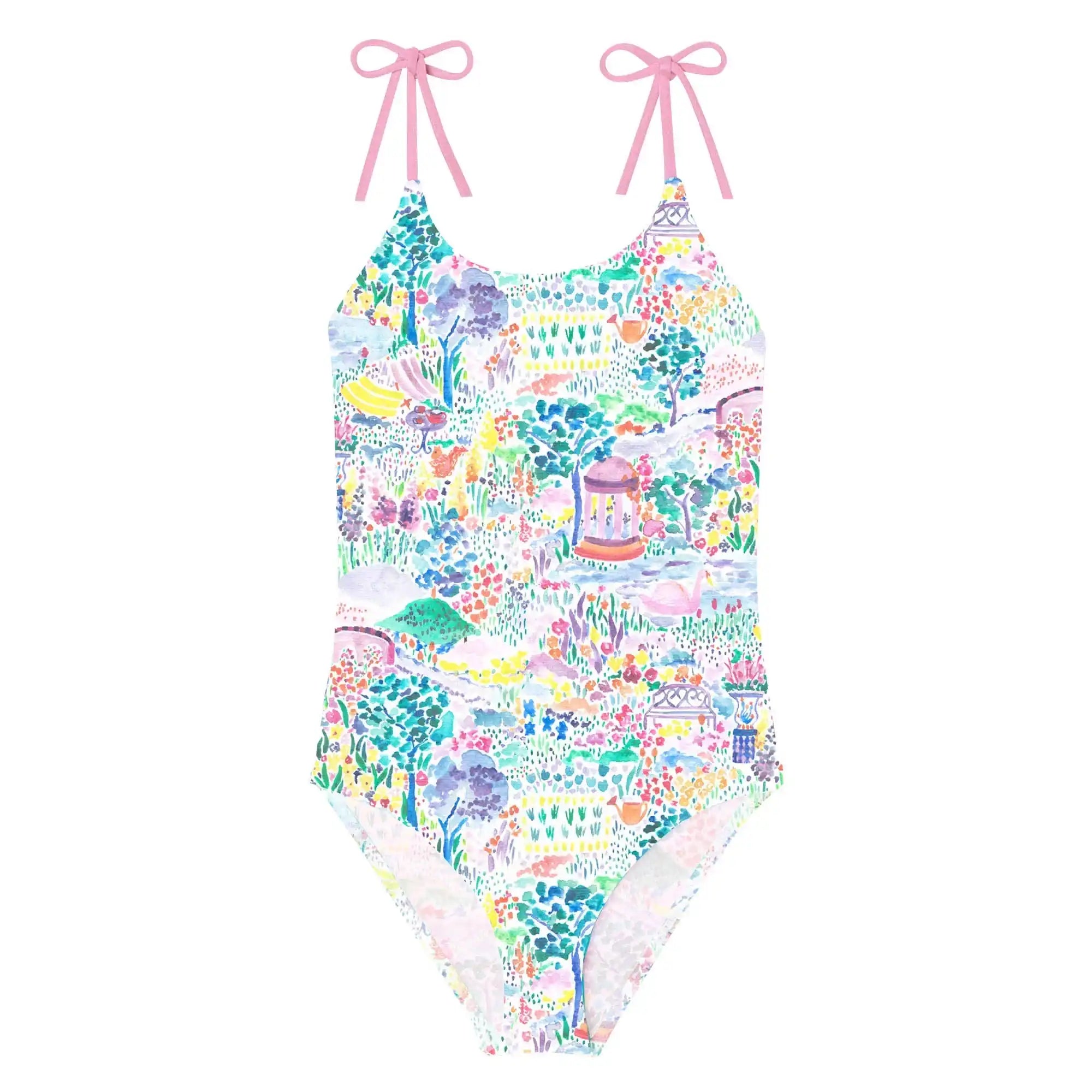 Girls' one-piece swimsuit with colorful floral garden print and pink tied shoulder straps by Lison Paris