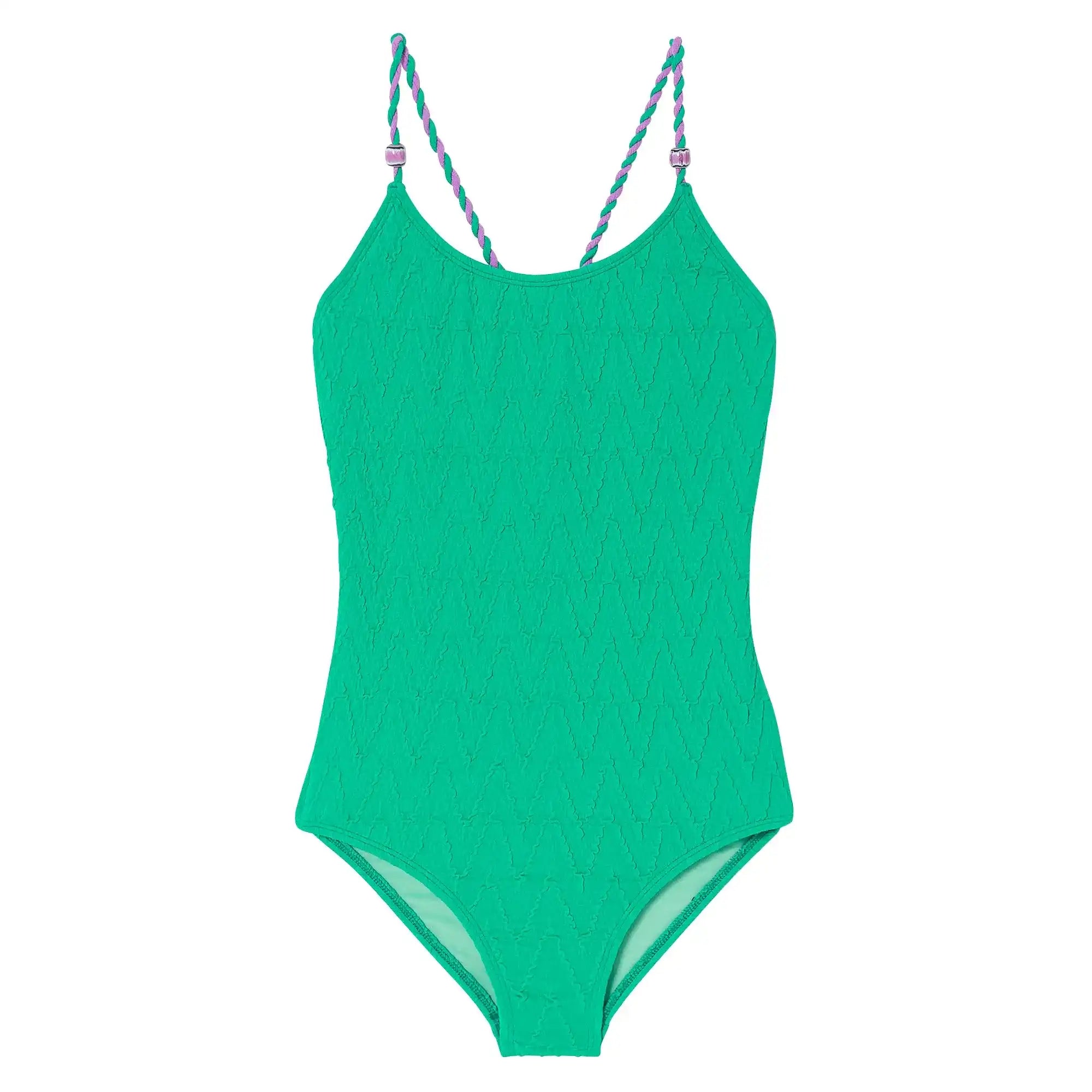 Green girls' one-piece swimsuit with textured zigzag pattern and braided straps, Lison Paris