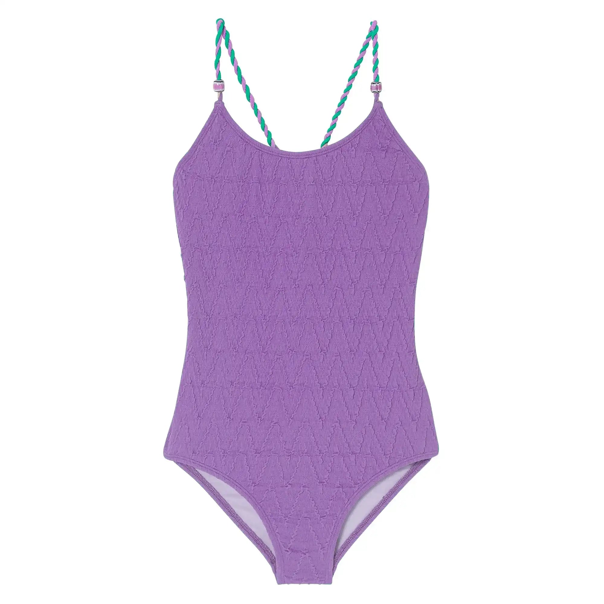 Purple girls' one-piece swimsuit with textured pattern and twisted green-purple straps by Lison Paris