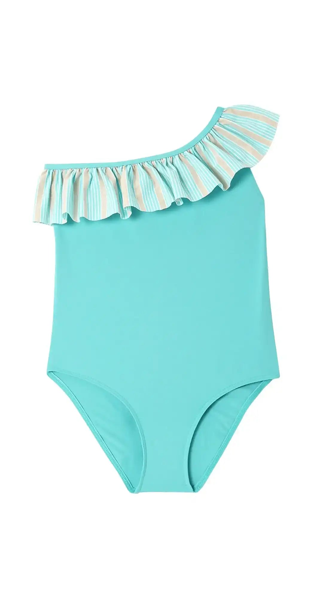 Girls' aqua one-shoulder swimsuit with striped ruffle by Lison Paris, UV protection