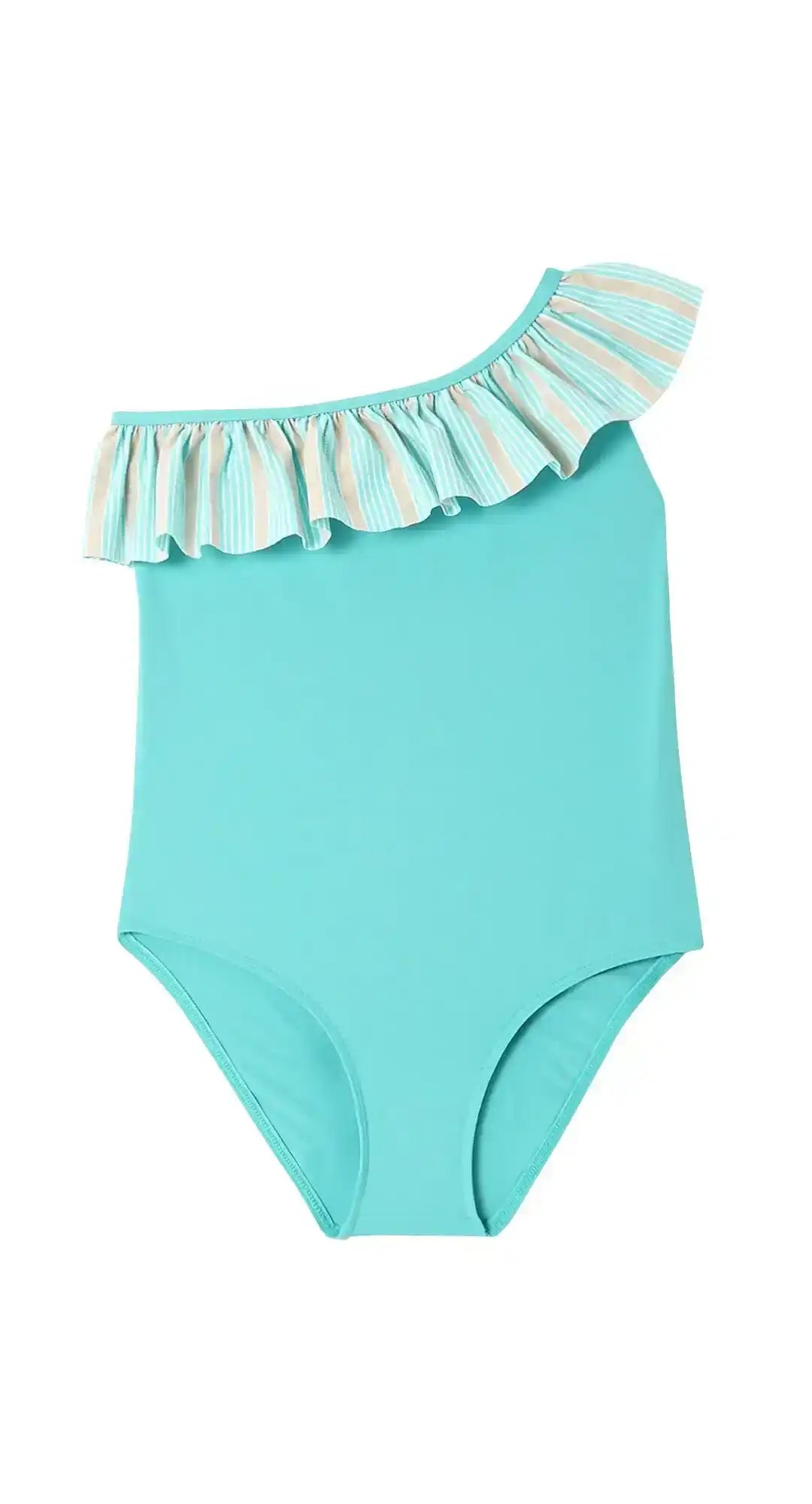 Turquoise one-piece girls swimsuit with striped ruffle and asymmetric neckline
