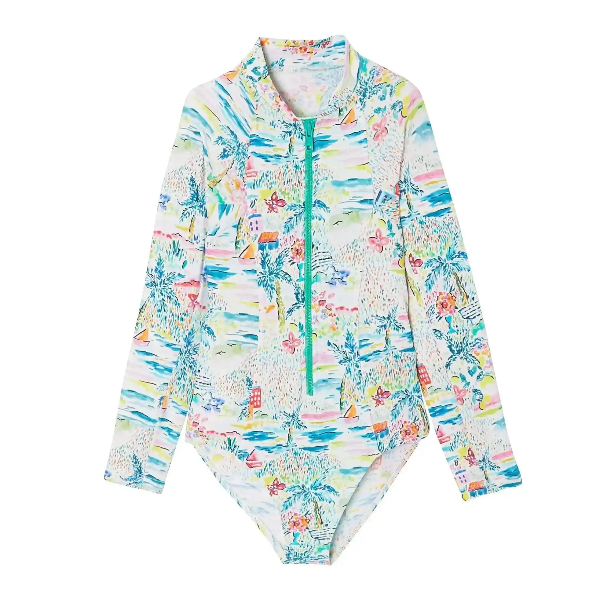 Lison Paris girls' long sleeve one-piece swimsuit with colorful tropical print and front zipper