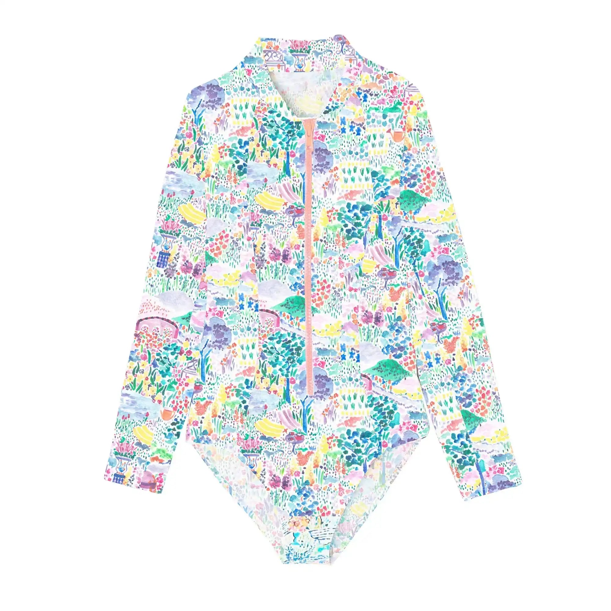 Colorful long-sleeve one-piece girls' swimsuit with floral print by Lison Paris, anti-UV fabric