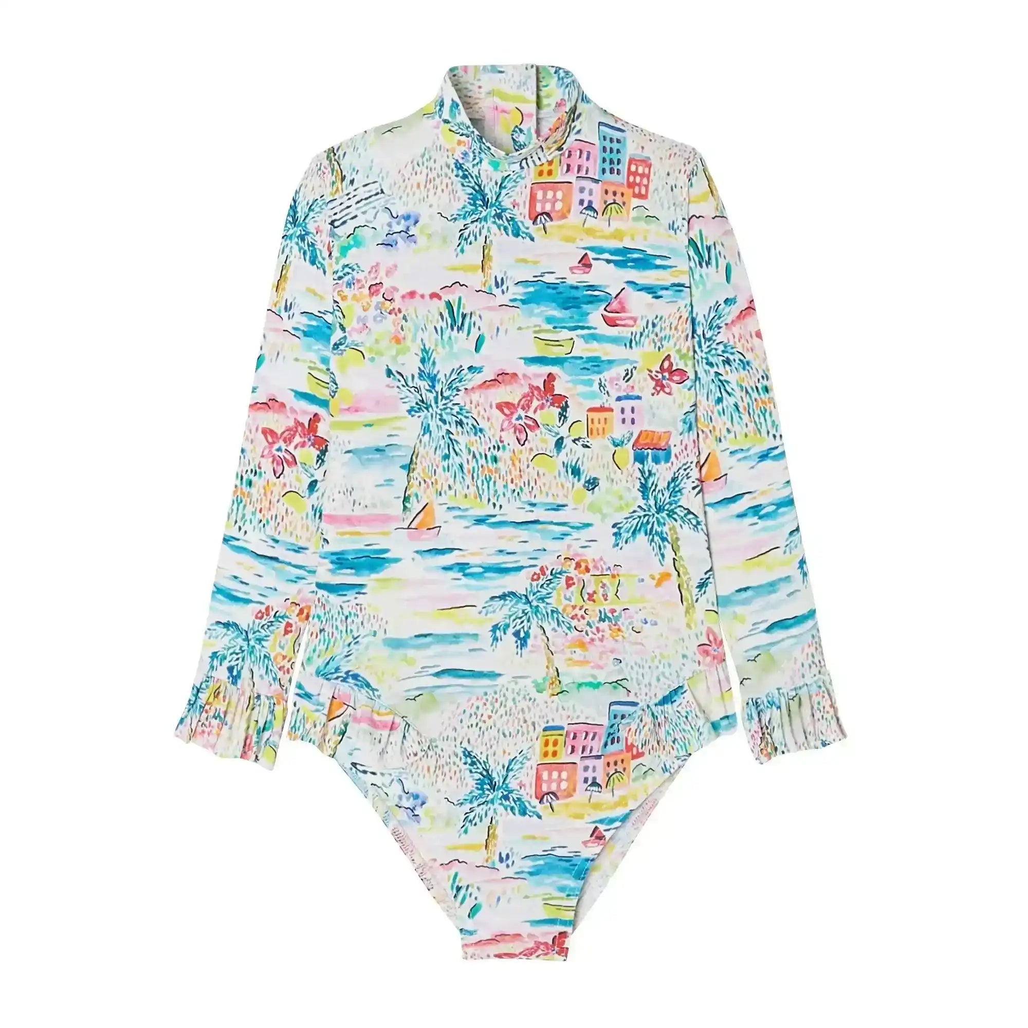 Long sleeve one-piece swimsuit with colorful seaside and palm tree print for children