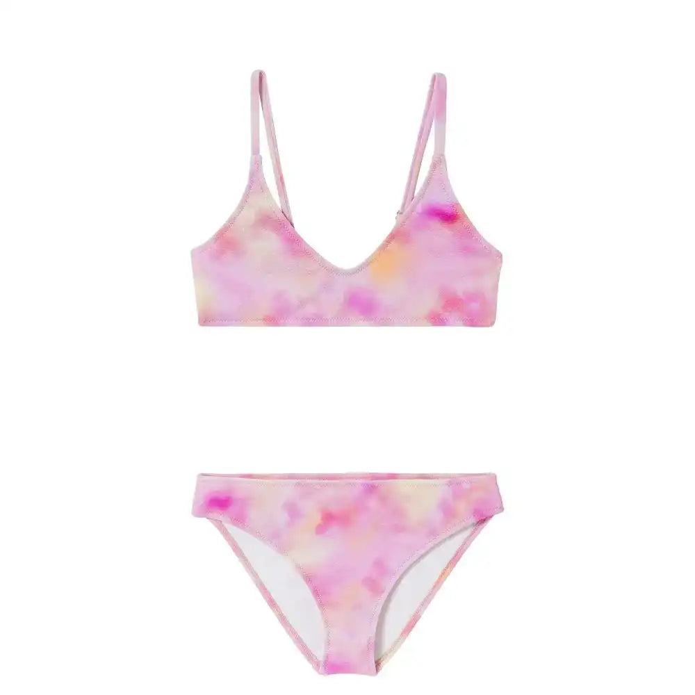 Girl's two-piece swimsuit with pink and orange tie-dye print, Lison Paris beachwear