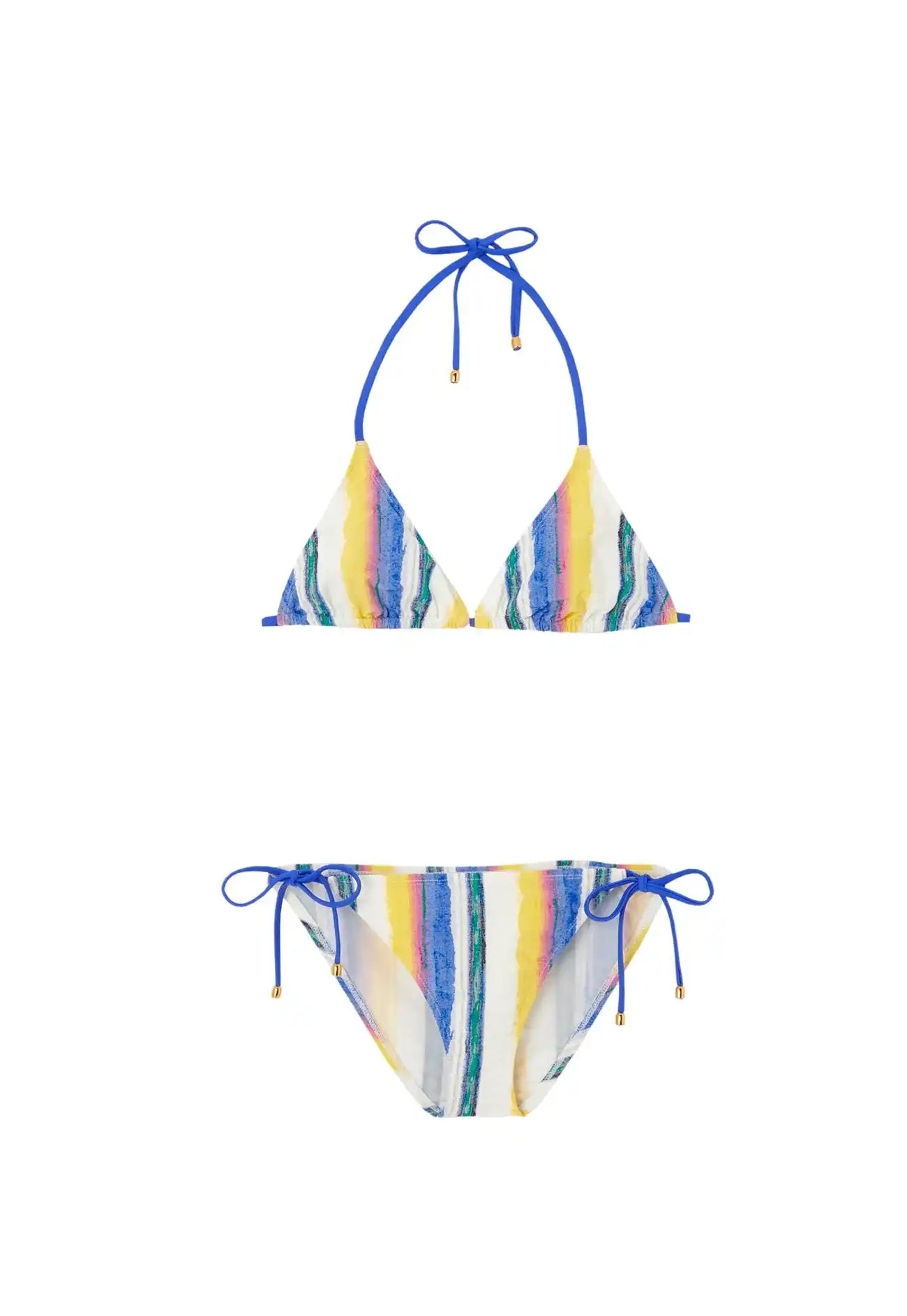 Girls’ multicolor striped two-piece bikini with blue tie straps by Lison Paris