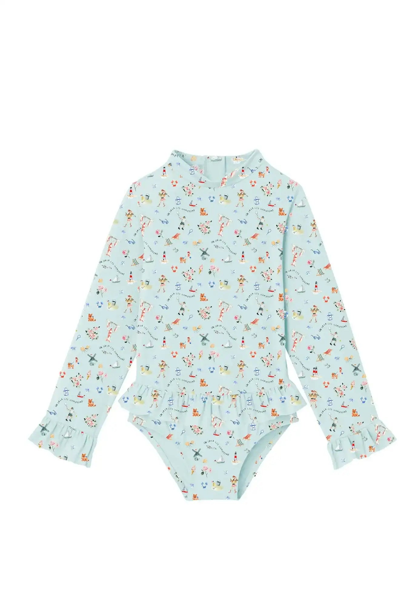 Lison Paris girls' long sleeve anti-UV swimsuit with playful seaside print and ruffle trim